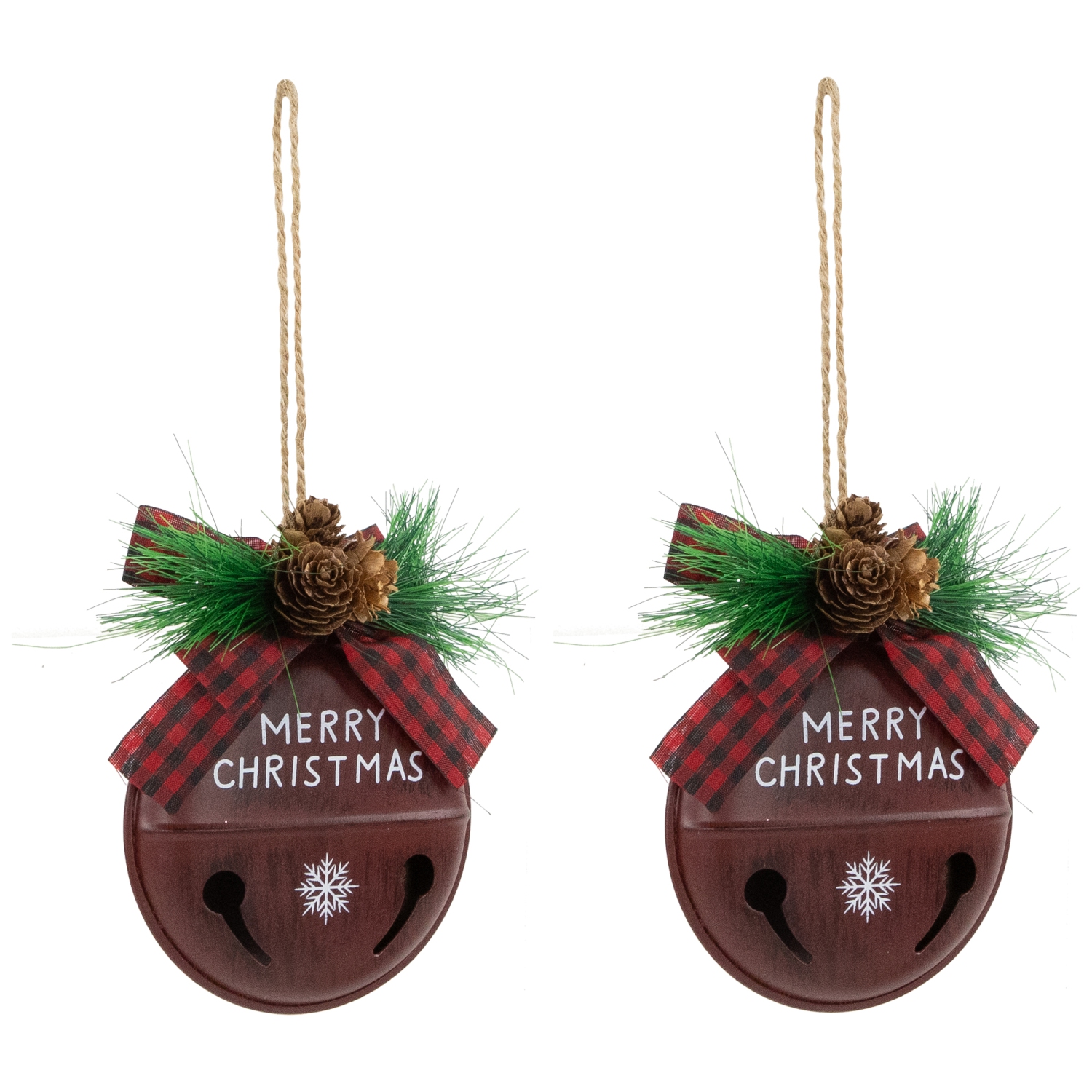 Jingle Bell "Merry Christmas" Disc Christmas Ornaments - 5" - Burgundy - Set of 2