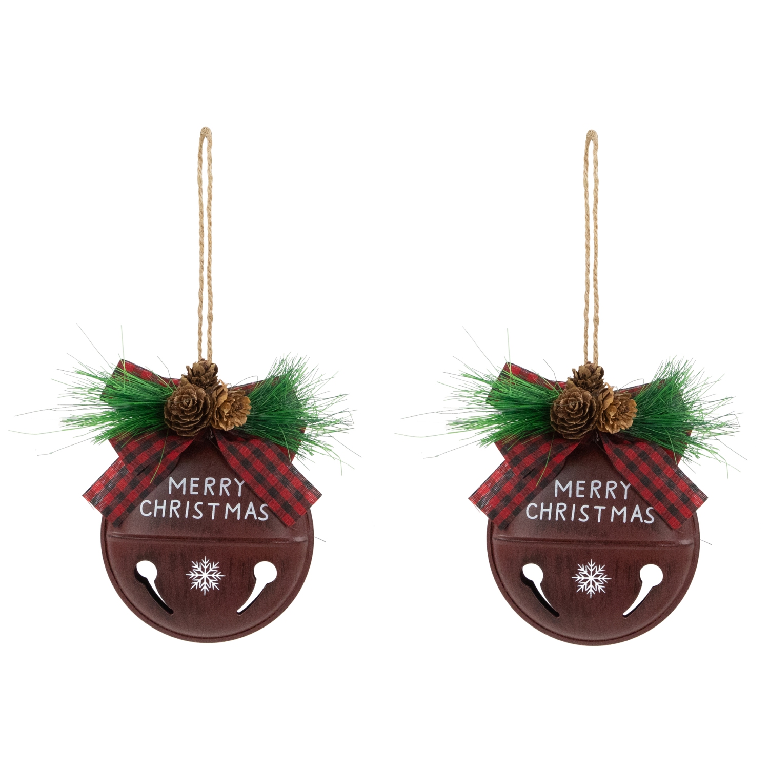 Jingle Bell "Merry Christmas" Disc Christmas Ornaments - 5" - Burgundy - Set of 2