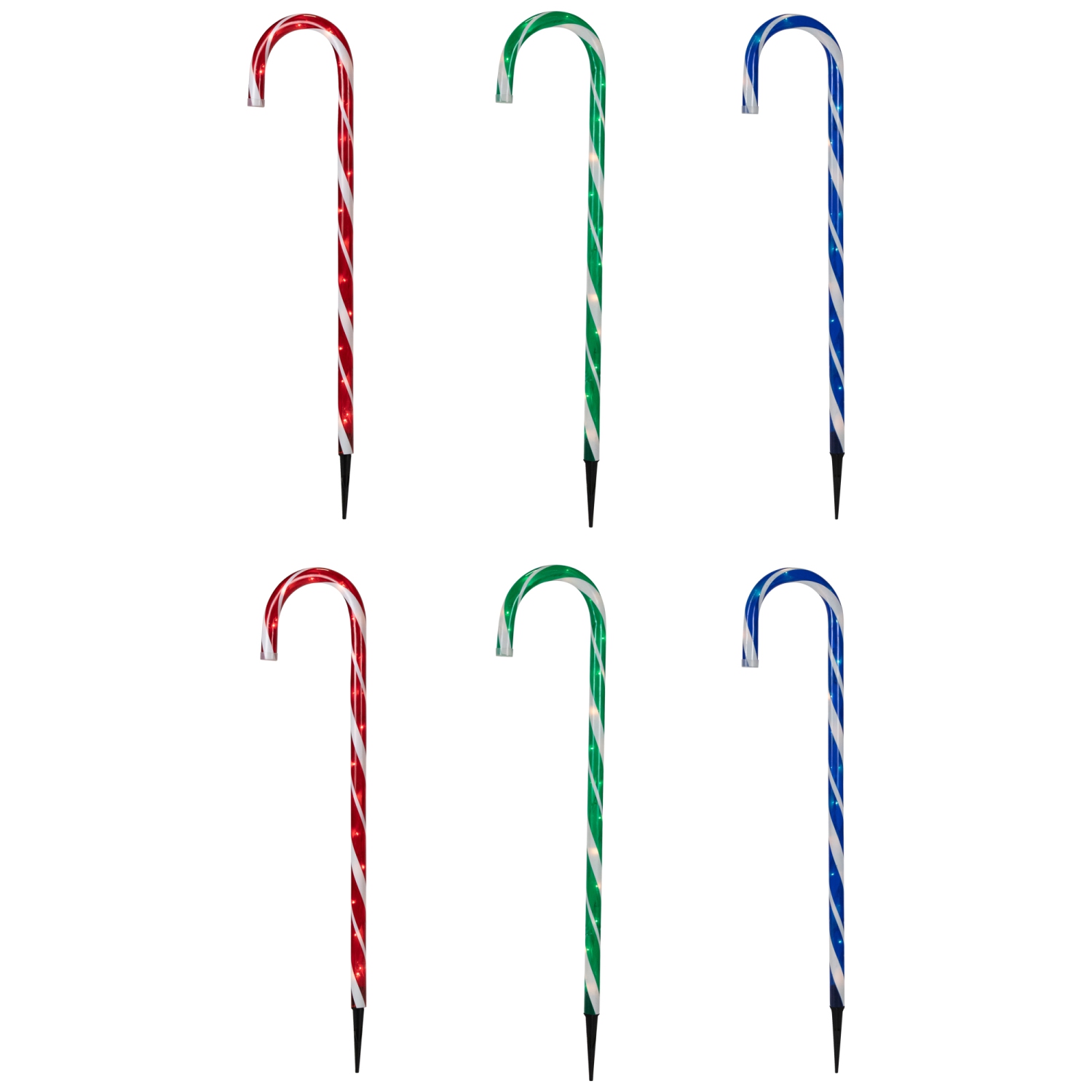 Ensemble de 6 marqueurs d'extérieur lumineux pour allée de Noël en forme de canne en sucre, 28&nbsp;po, rouge, vert et bleu