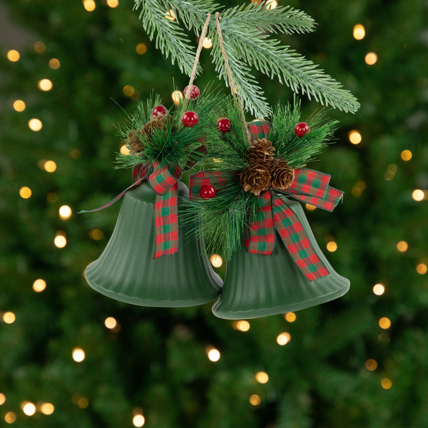Christmas Bells with Pinecones and Plaid Bow Ornaments - 7" - Green - Set of 2