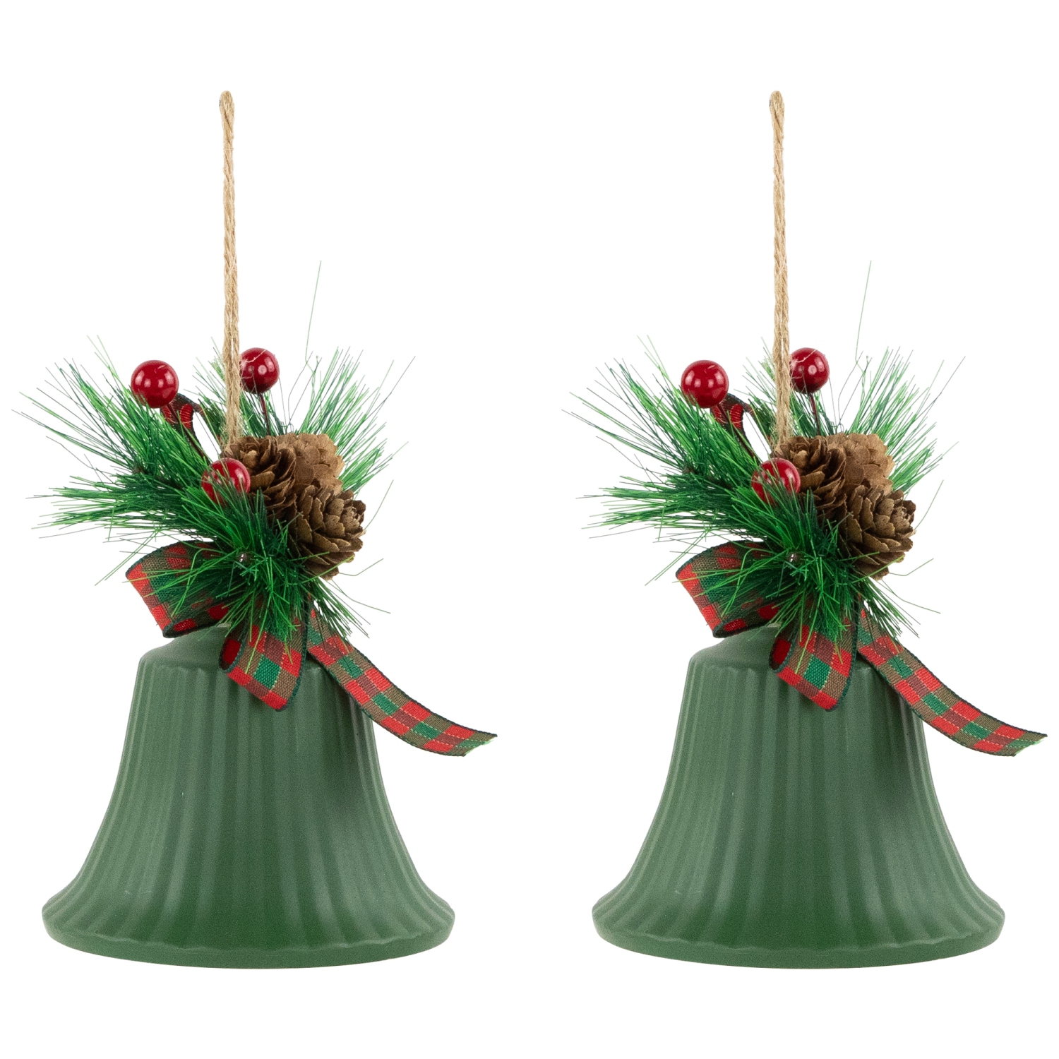 Christmas Bells with Pinecones and Plaid Bow Ornaments - 7" - Green - Set of 2