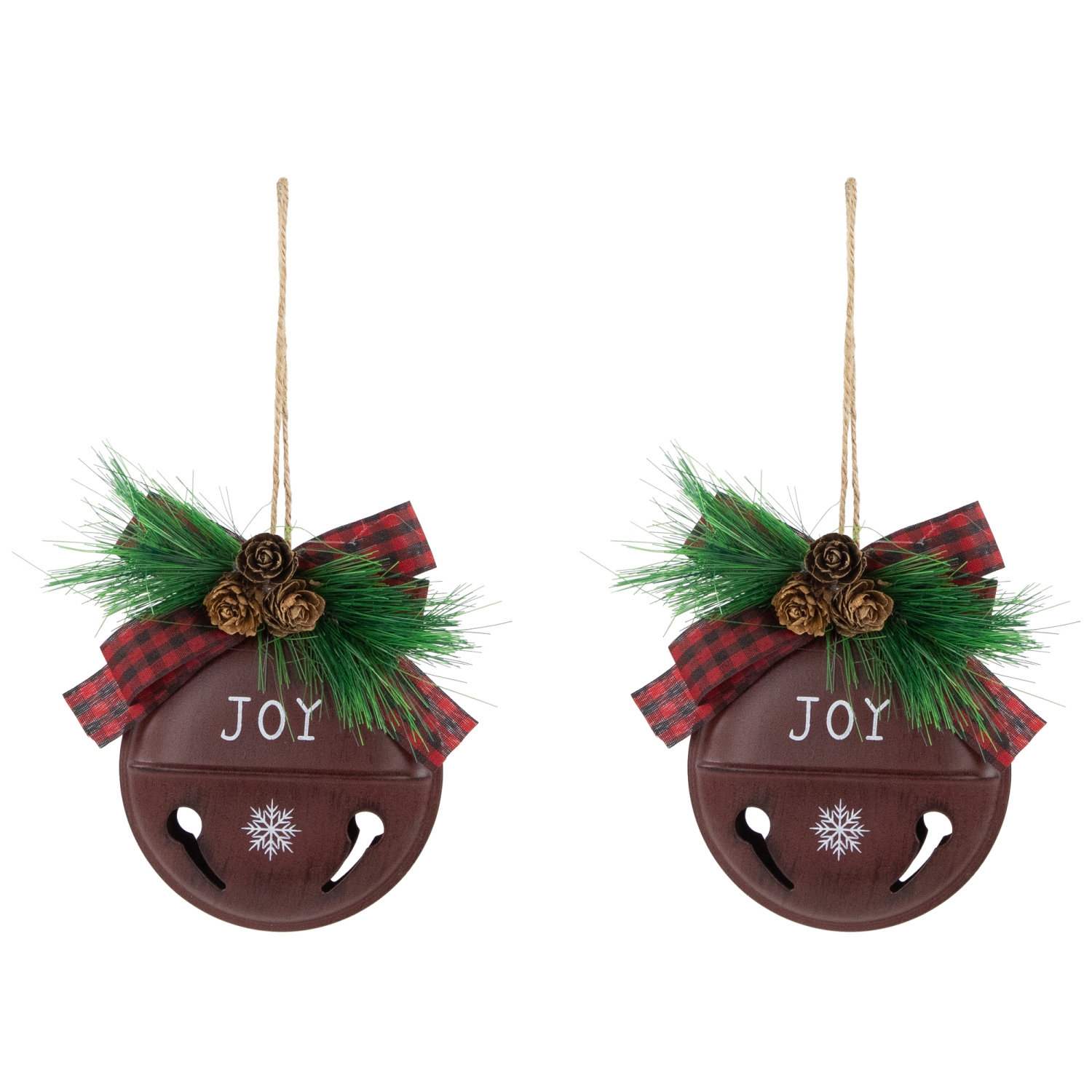 Jingle Bell "Joy" Disc Christmas Ornaments - 5" - Maroon - Set of 2