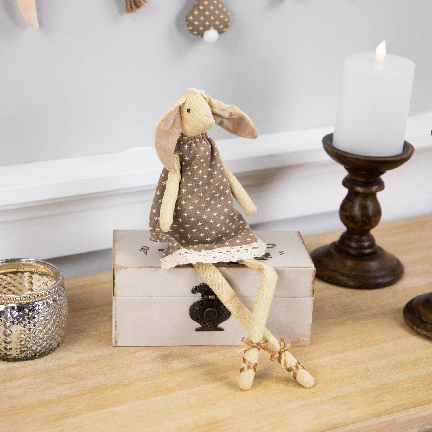 Long Legged Sitting Ballerina Girl Bunny Easter Figure - 12" - Beige and Brown