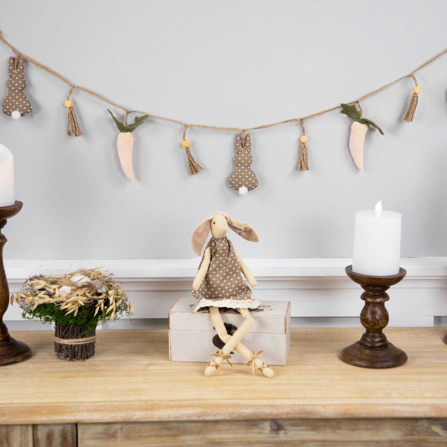 Long Legged Sitting Ballerina Girl Bunny Easter Figure - 12" - Beige and Brown