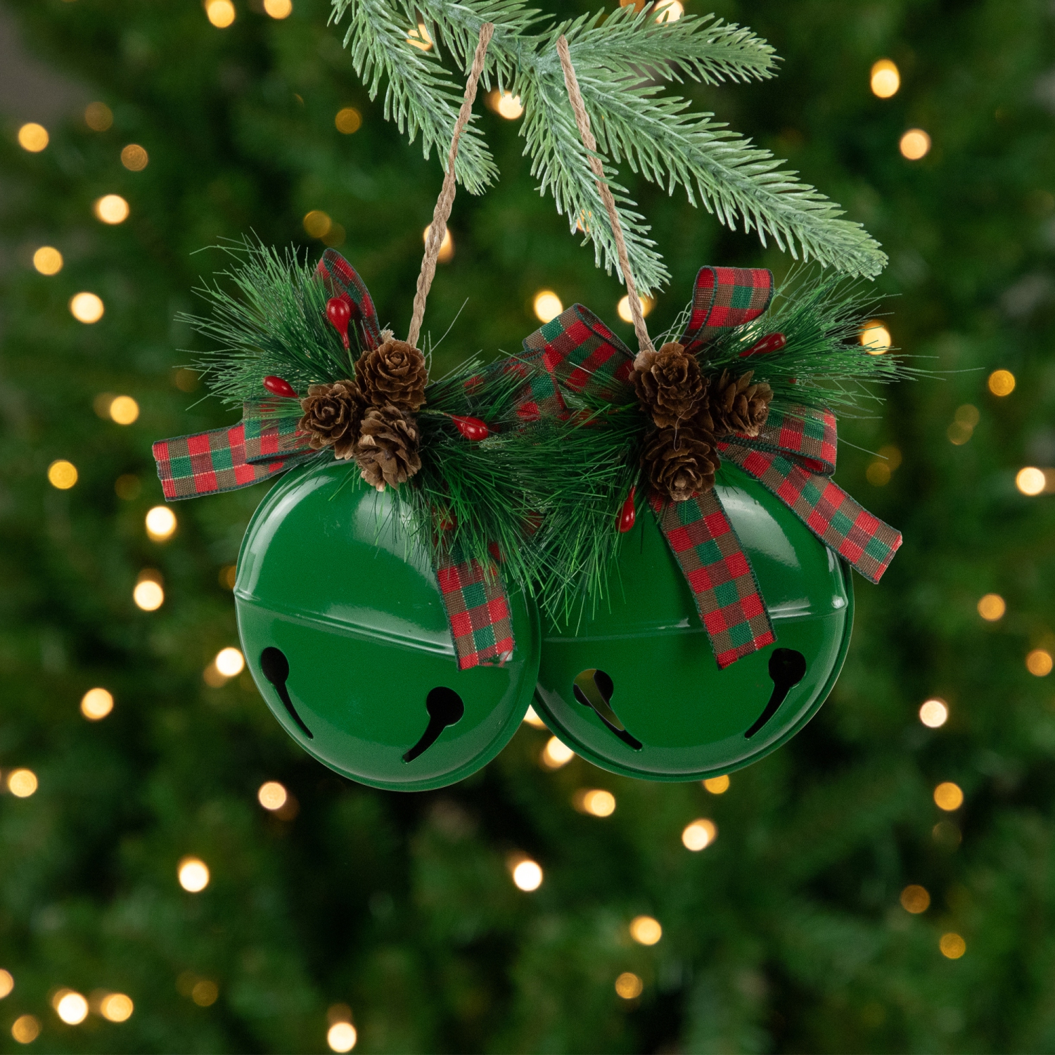 Jingle Bells with Pinecone Bows Disc Christmas Ornaments - 5" - Green - Set of 2