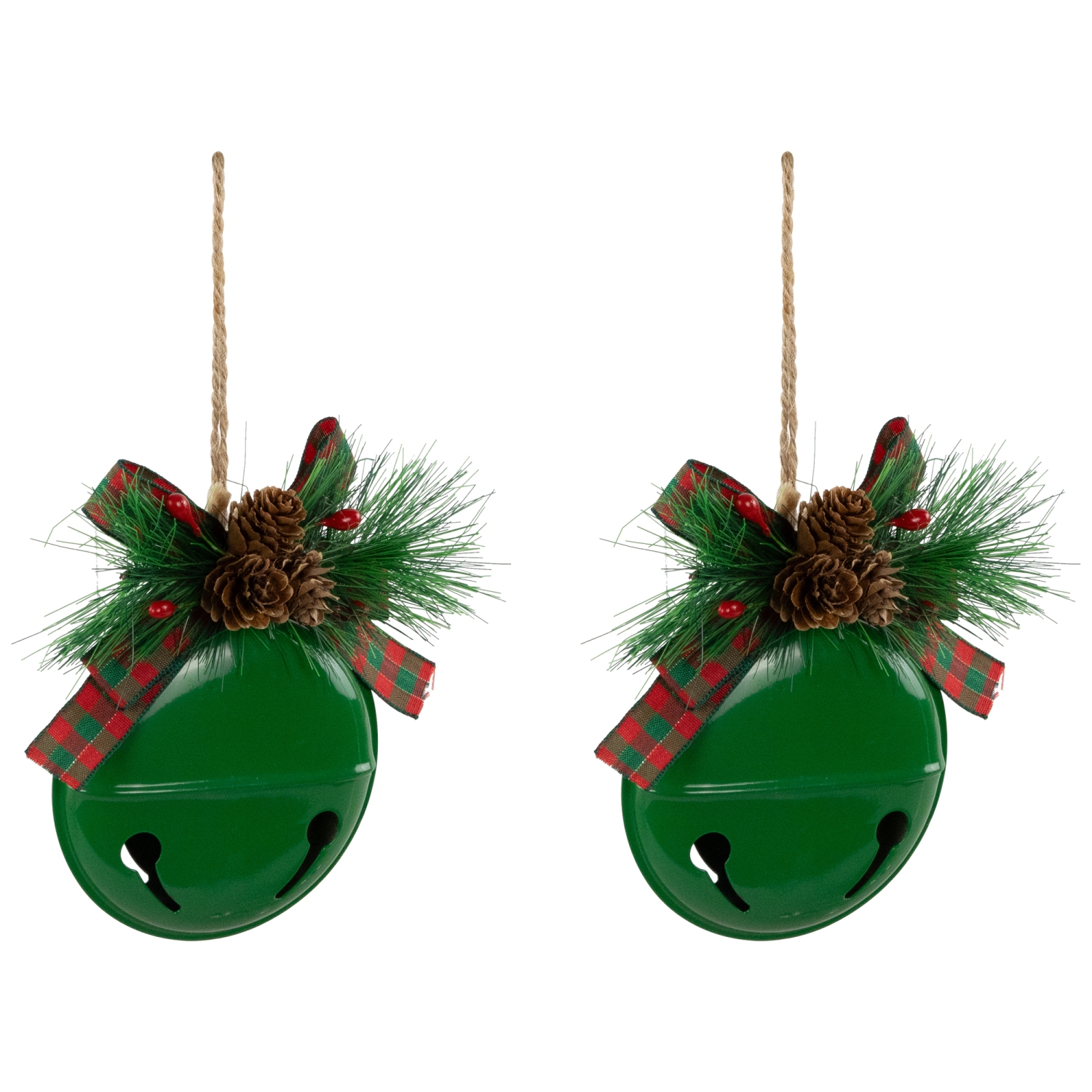 Jingle Bells with Pinecone Bows Disc Christmas Ornaments - 5" - Green - Set of 2