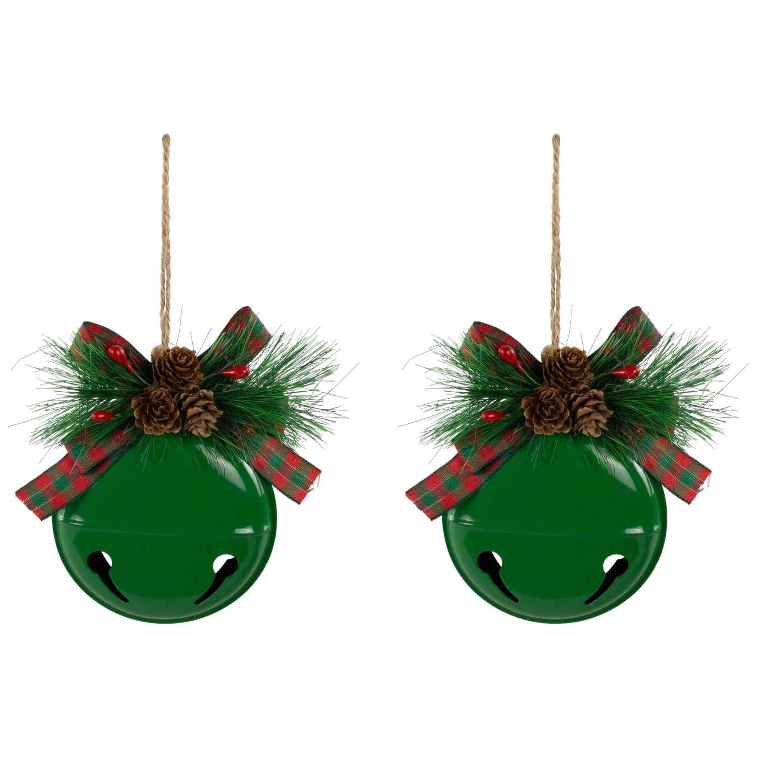 Jingle Bells with Pinecone Bows Disc Christmas Ornaments - 5" - Green - Set of 2