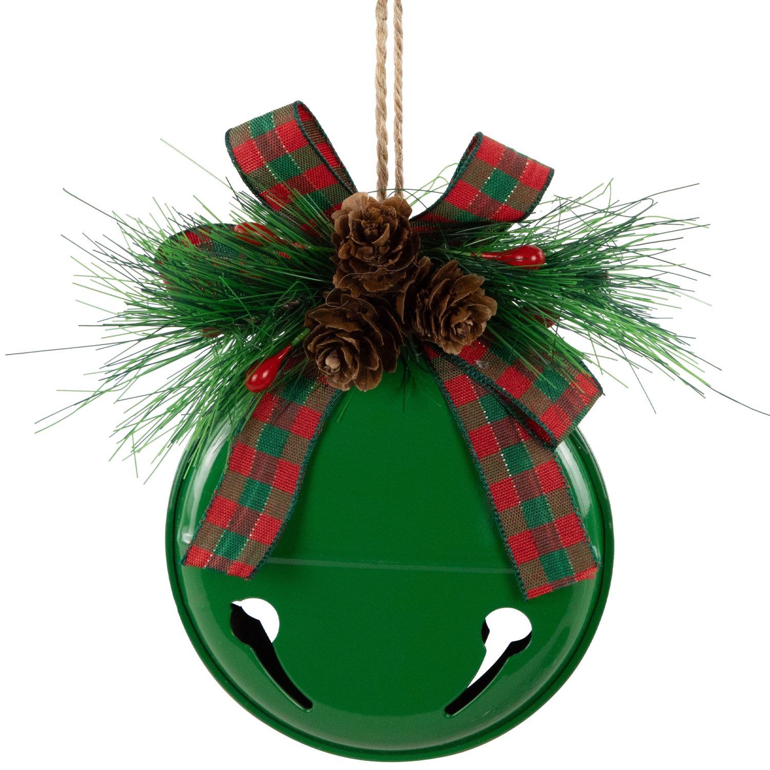 Jingle Bells with Pinecone Bows Disc Christmas Ornaments - 5" - Green - Set of 2