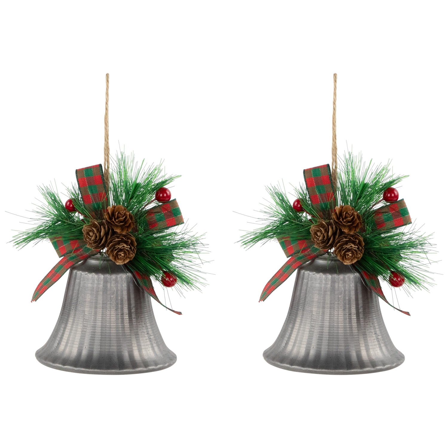 Bells with Pine Sprigs and Plaid Bow Christmas Ornaments - 7" - Silver - Set of 2