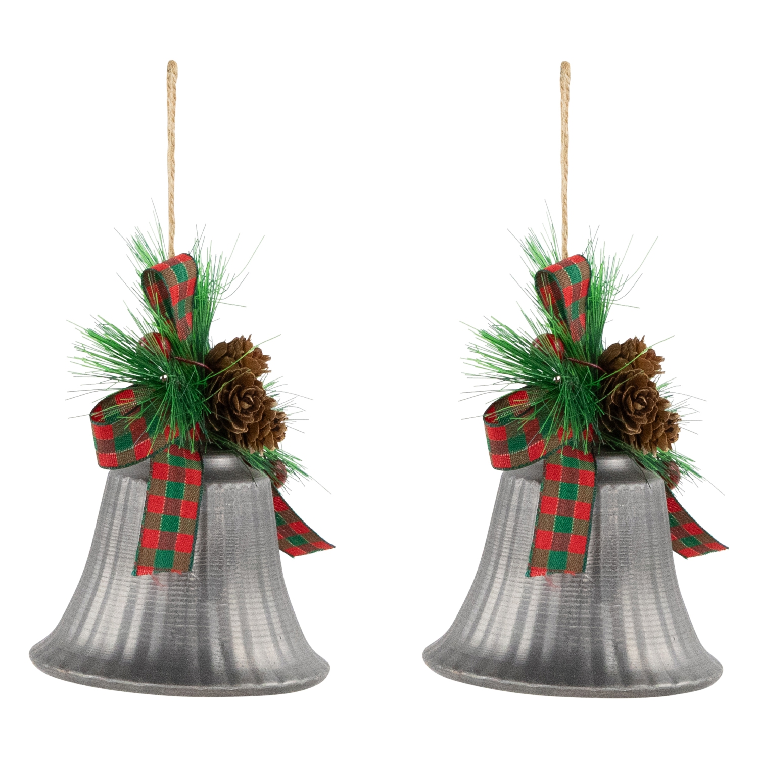 Bells with Pine Sprigs and Plaid Bow Christmas Ornaments - 7" - Silver - Set of 2