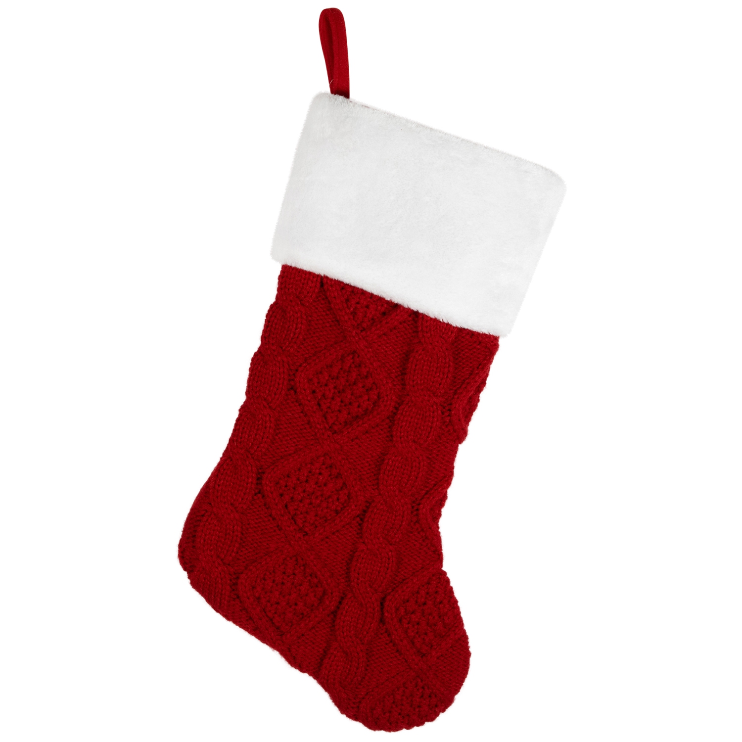 Cable Knit with Faux Fur Cuff Christmas Stocking - 20.5" - Red and White
