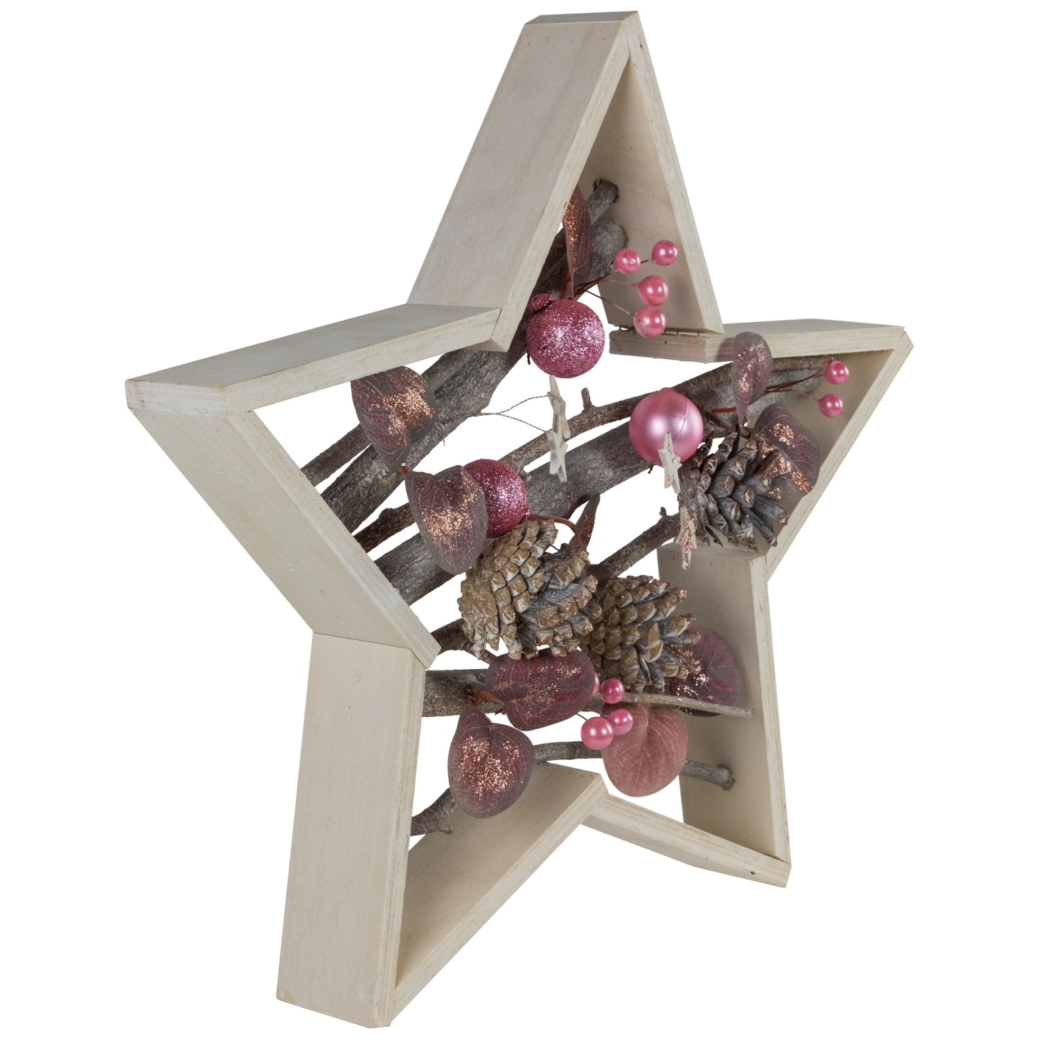 Ornaments and Pinecones Star-Shaped Birch Wood Christmas Decoration - 14.5"