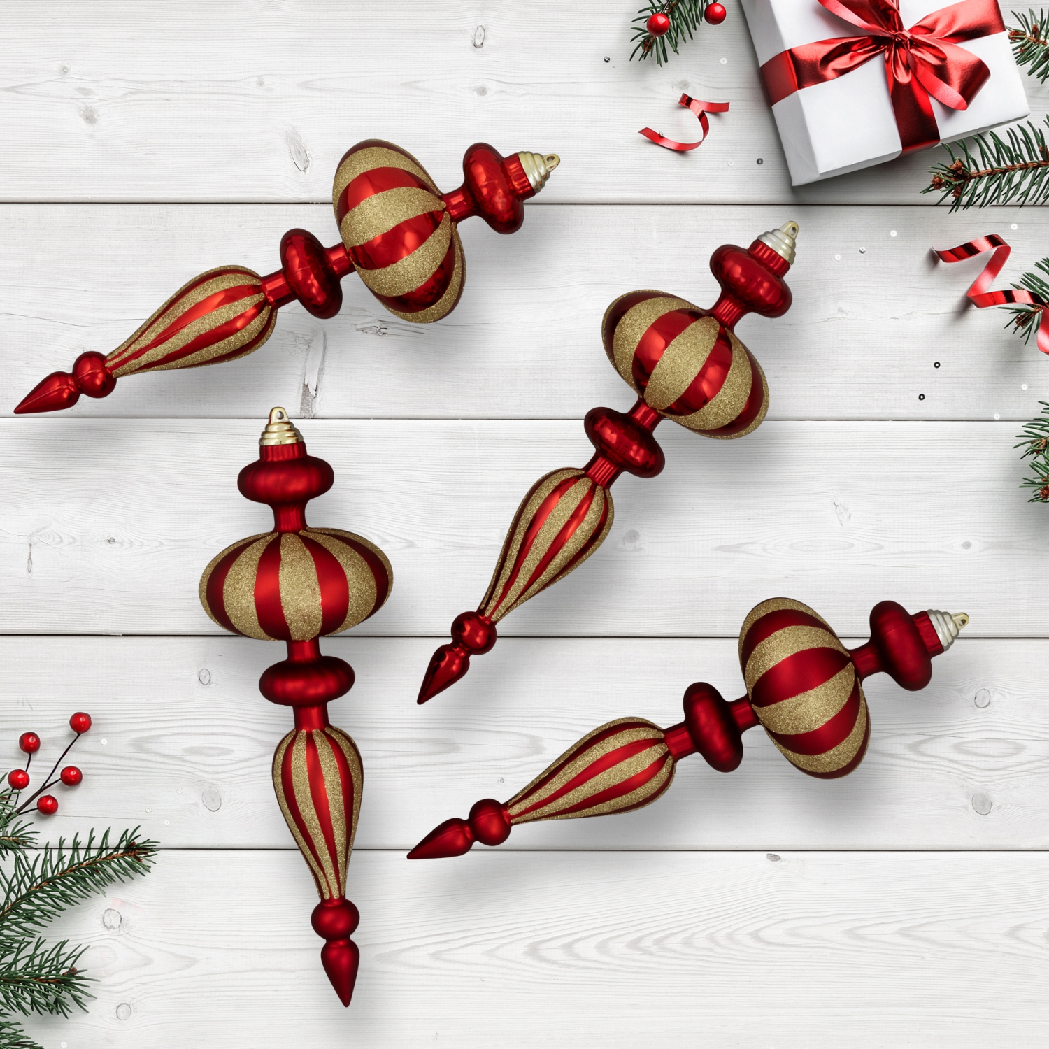 Shatterproof Commercial Size Finial Christmas Ornaments - 14" - Red and Gold - Set of 4