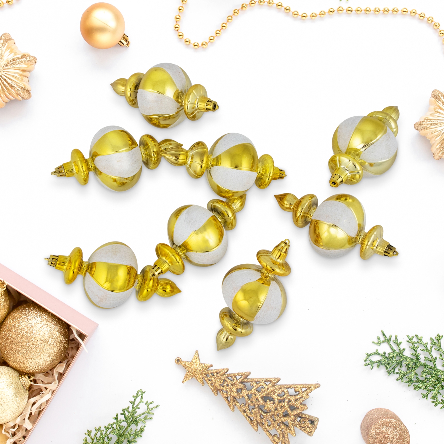 8ct Gold Shiny Finish Shatterproof Finial Christmas Ornaments, 6"