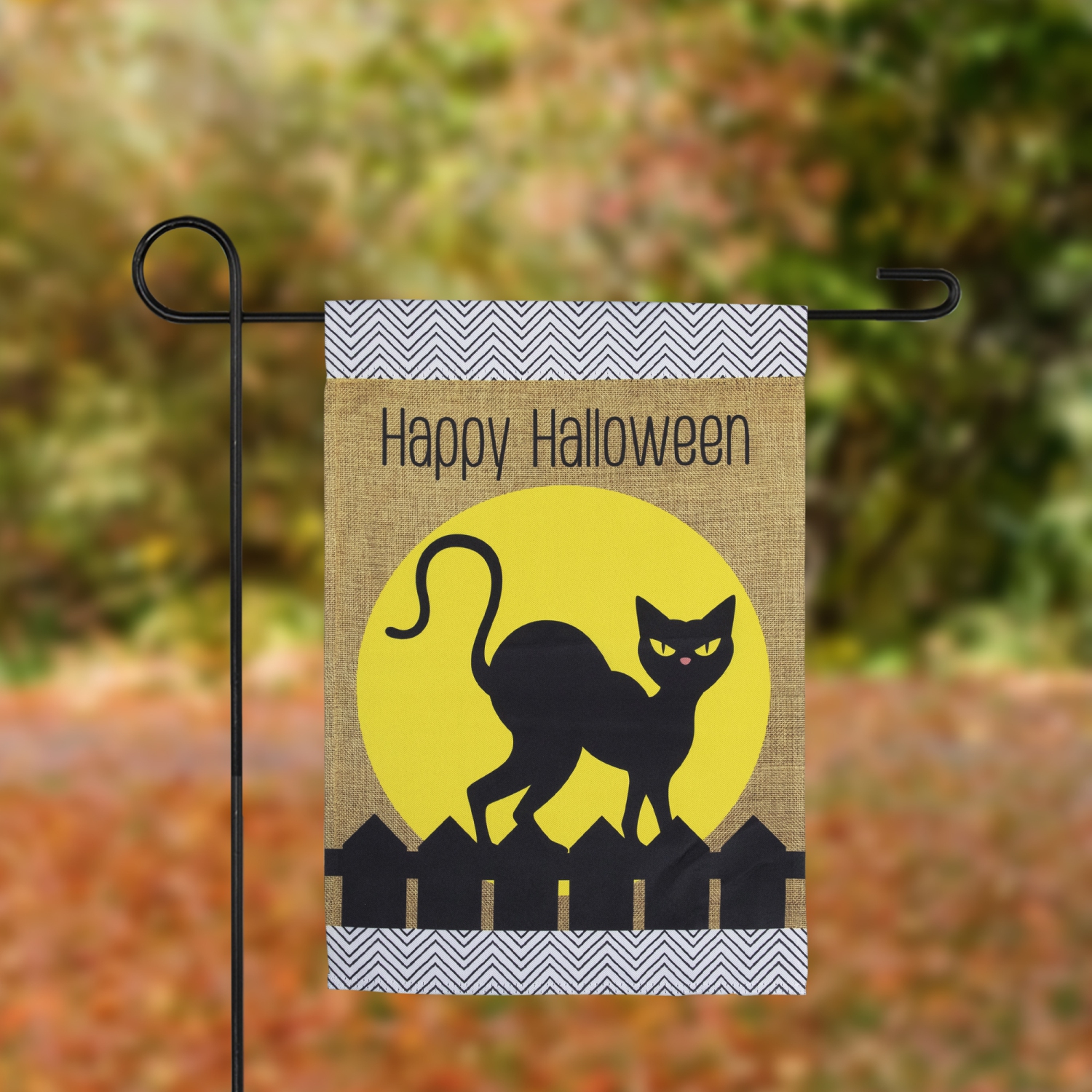 Drapeau de jardin d'extérieur « Happy Halloween », chat noir – 18 x 12,5 po