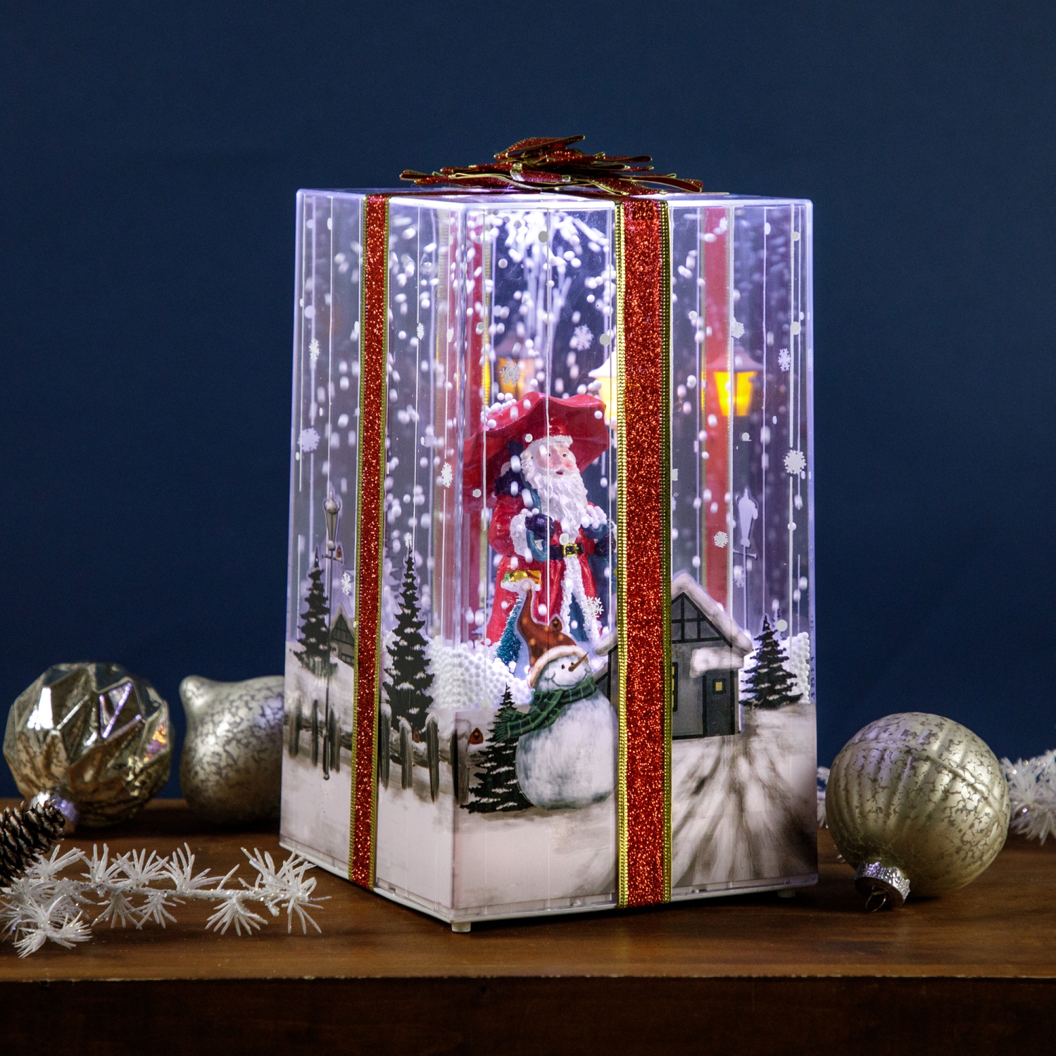 Musical Santa Lighted Snowing Gift Box Glittered Christmas Decoration - 12"