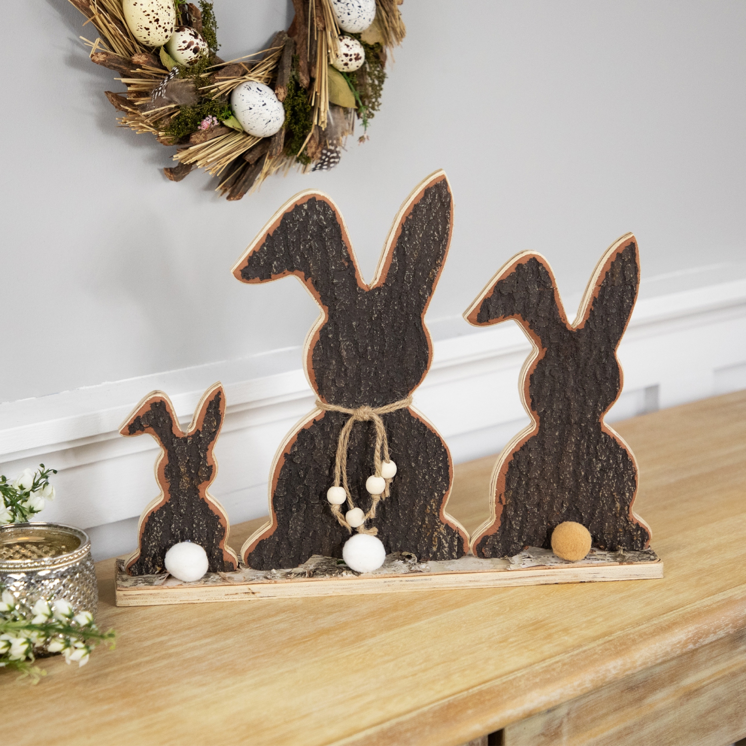 Rabbit Trio Wooden Tree Bark Easter Decoration - 15.75"