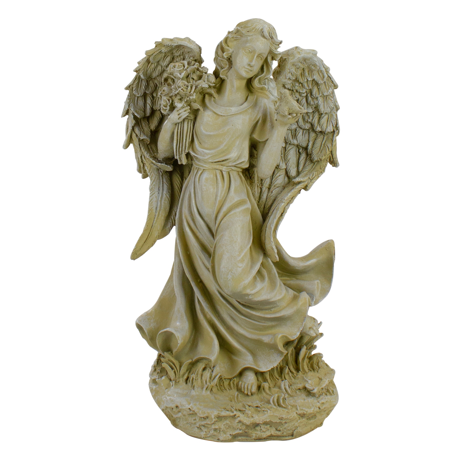 Statue d'ange avec oiseau et bouquet en plein air - 17,5 po