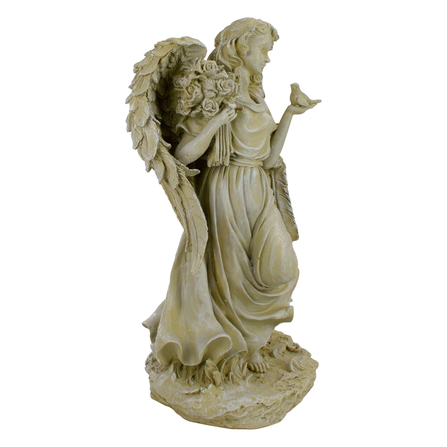 Statue d'ange avec oiseau et bouquet en plein air - 17,5 po
