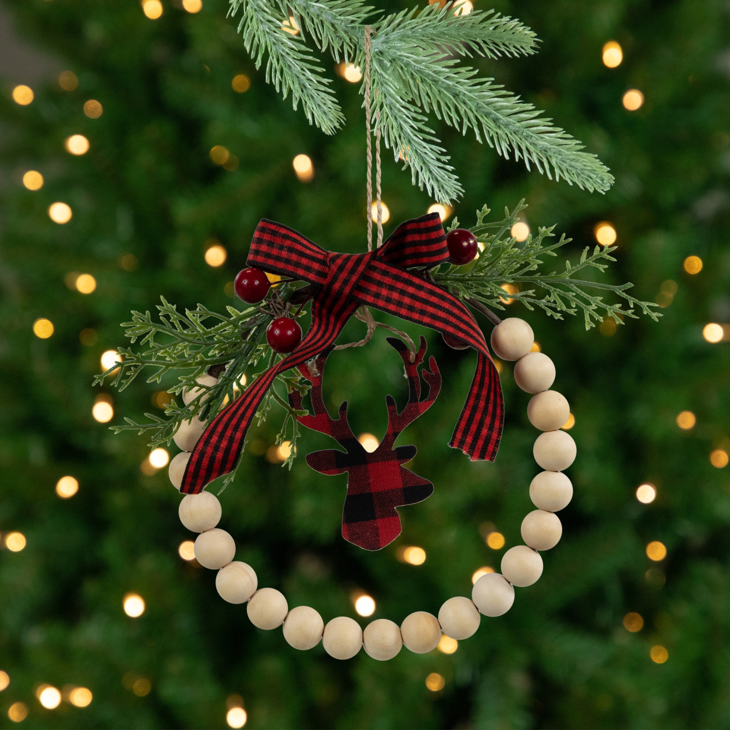 Plaid Reindeer with Pine and Berries Christmas Wreath Ornament - 7.5"