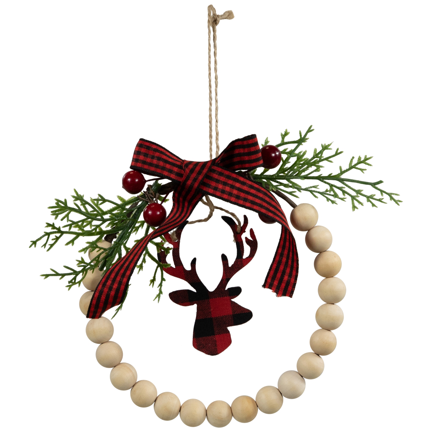 Plaid Reindeer with Pine and Berries Christmas Wreath Ornament - 7.5"