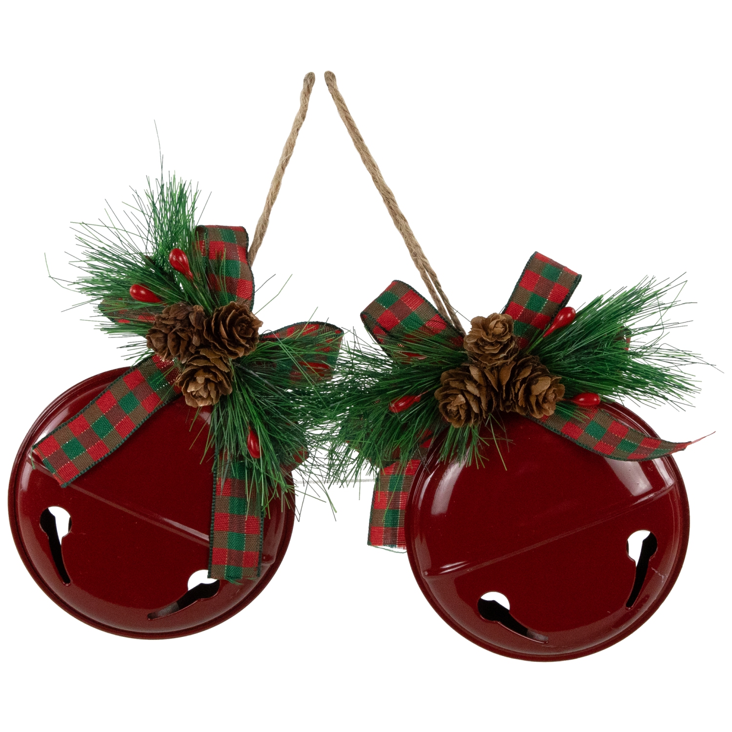 Jingle Bells with Pinecone Bows Disc Christmas Ornaments - 5" - Red - Set of 2