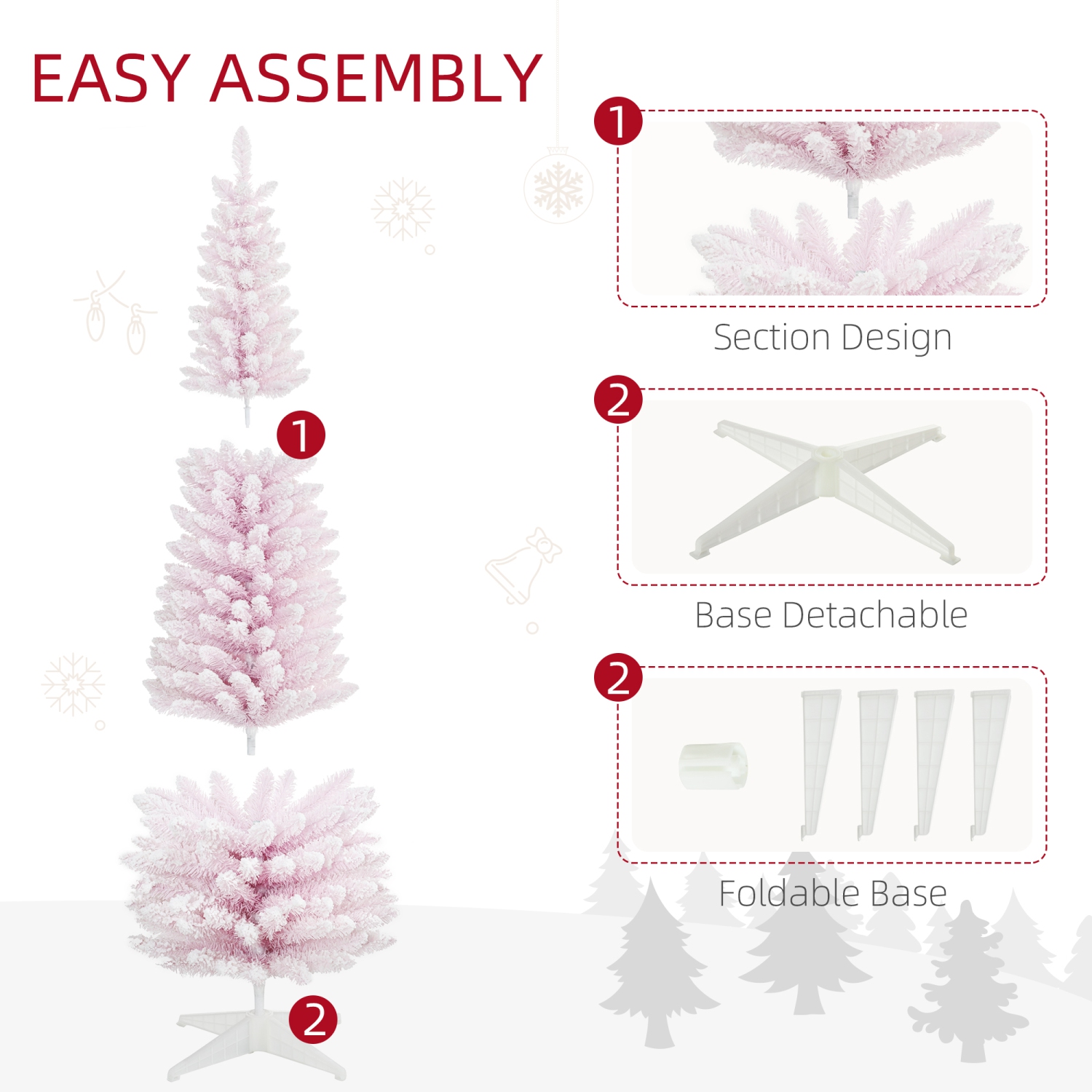 HOMCOM 7ft Tall Pencil Artificial Christmas Tree, Holiday Décor with Snow Flocked Branches, Pink