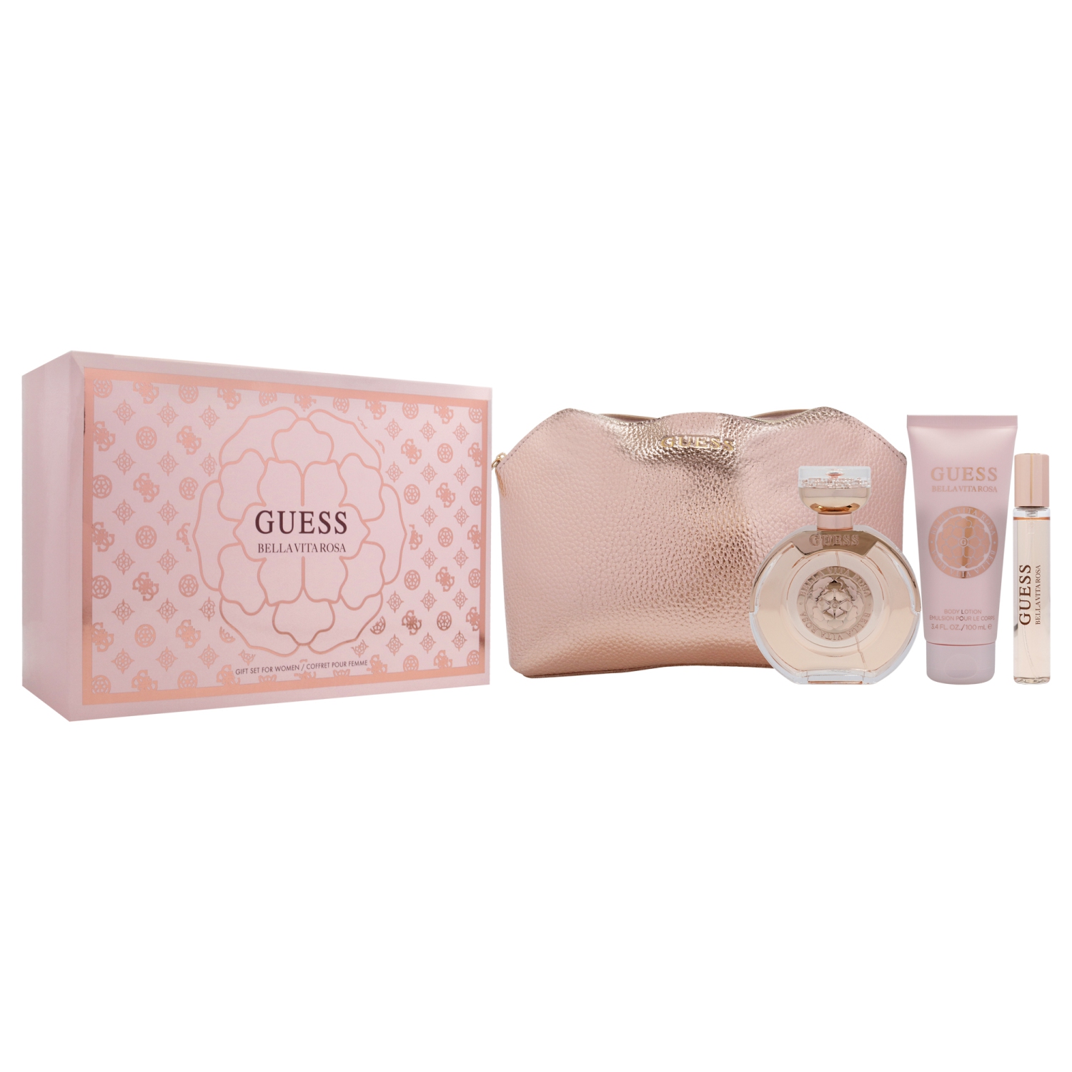 Guess Bella Vita Rosa par Guess pour femme - Ensemble-cadeau 4 pièces EDT vaporisateur 3,4&nbsp;oz, vaporisateur voyage EDT 0,5&nbsp;oz, lotion pour