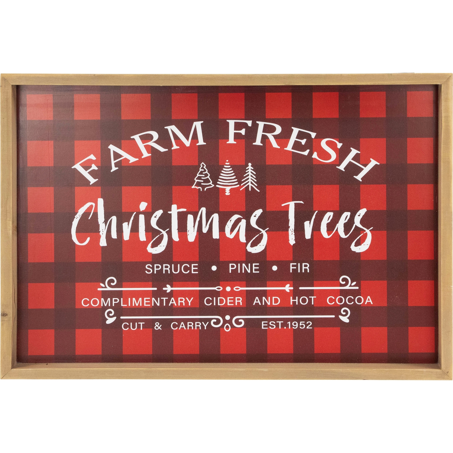 Affiche encadrée arbres de Noël à motif écossais frais de ferme 18,75&nbsp;po 13&nbsp;po, rouge