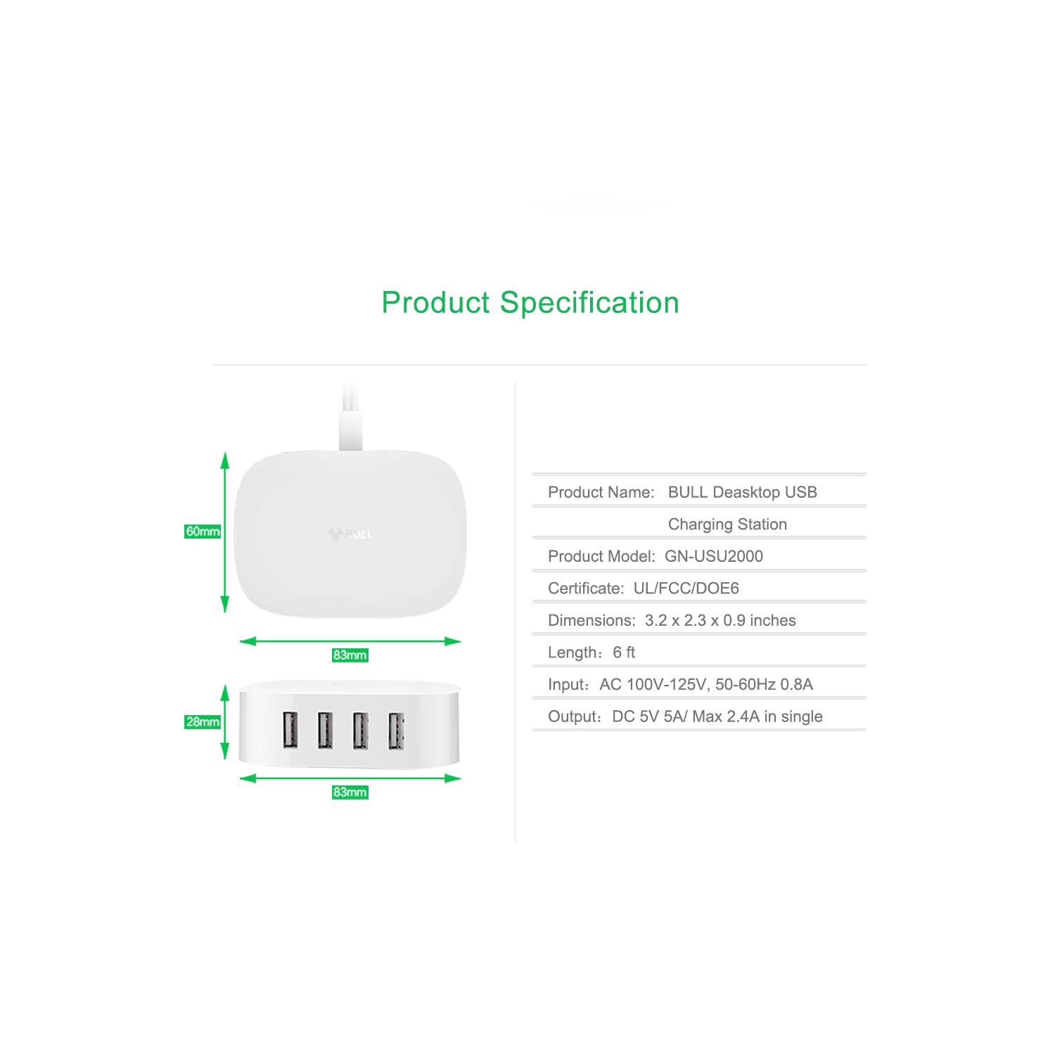 Station de chargement USB de Bull - barre d'alimentation à 4 ports de chargement rapide USB de type A de 20 W compatible avec MacBook Pro de