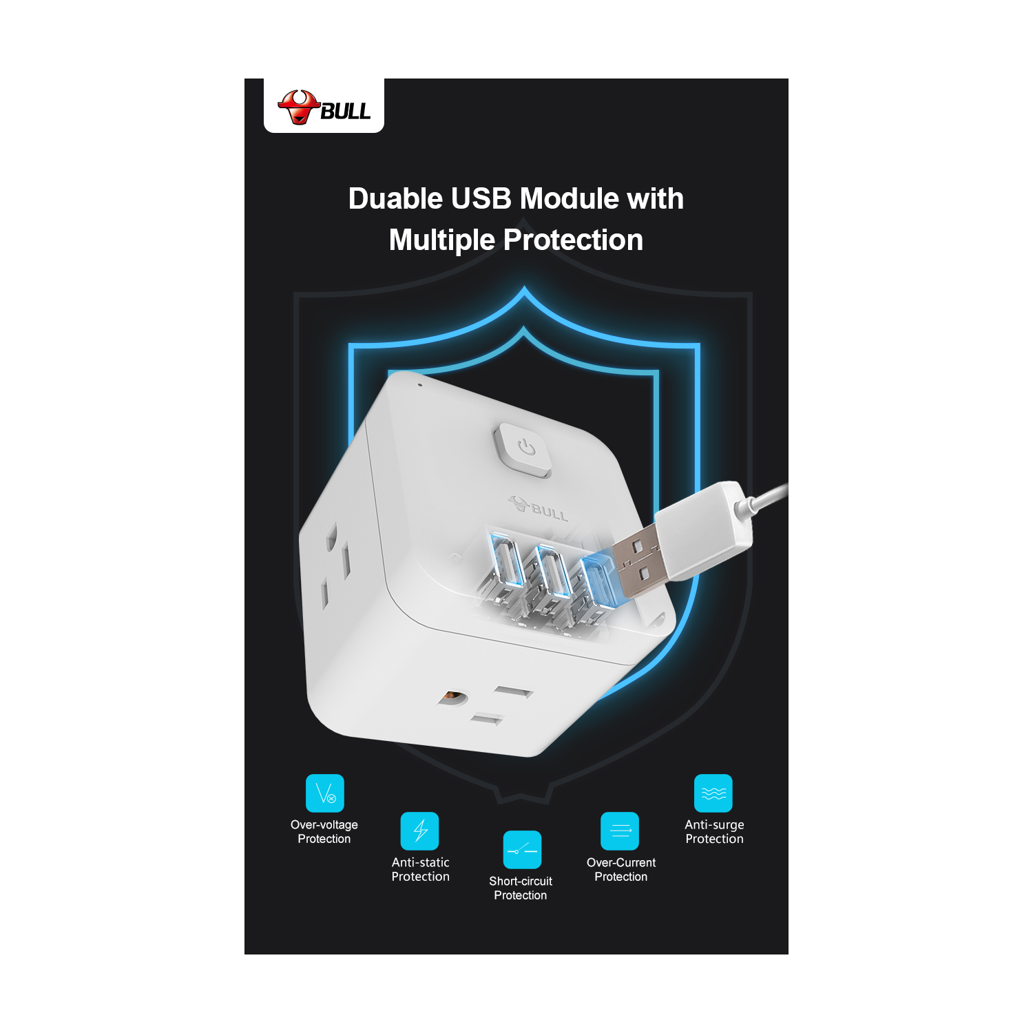 Bull Corded Power Strip, 20W DC Output Surge Protector Power Bar, 5 ft Extension Cord, 3 Outlets and USB A Power Delivery Charging for Home Office