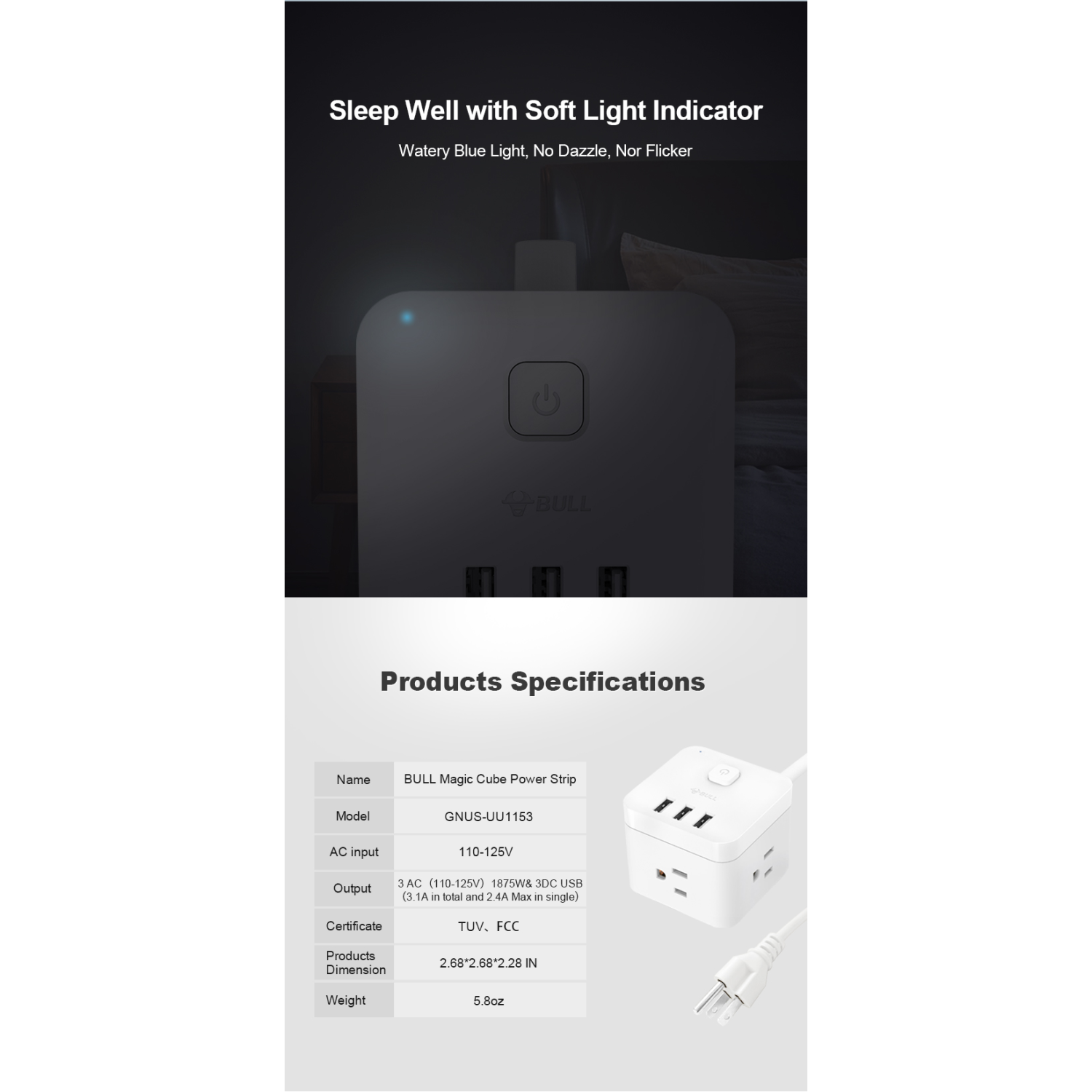 Bull Corded Power Strip, 20W DC Output Surge Protector Power Bar, 5 ft Extension Cord, 3 Outlets and USB A Power Delivery Charging for Home Office