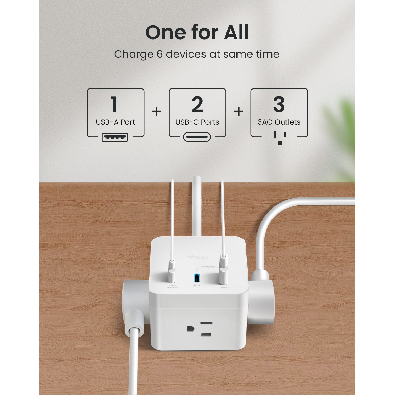 Goneo PD Edition 6-in-1 Charger Cube - 30W 6 Ports Fast Charging USB Type A/C Surge Protector Power Strip Compatible with Various Mobile Devices,