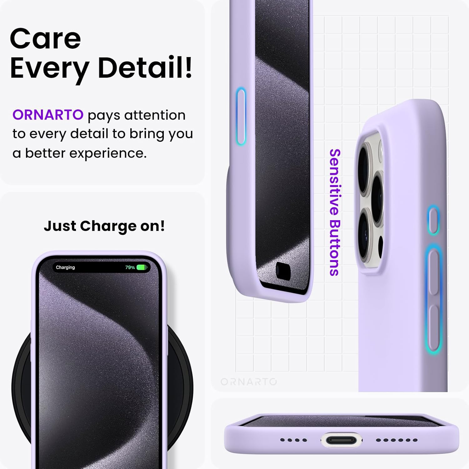 ORNARTO Compatible with iPhone 15 Pro Max Case, Slim Liquid Silicone 3 Layers Full Covered Soft Gel Rubber Phone Case Protective Cover with