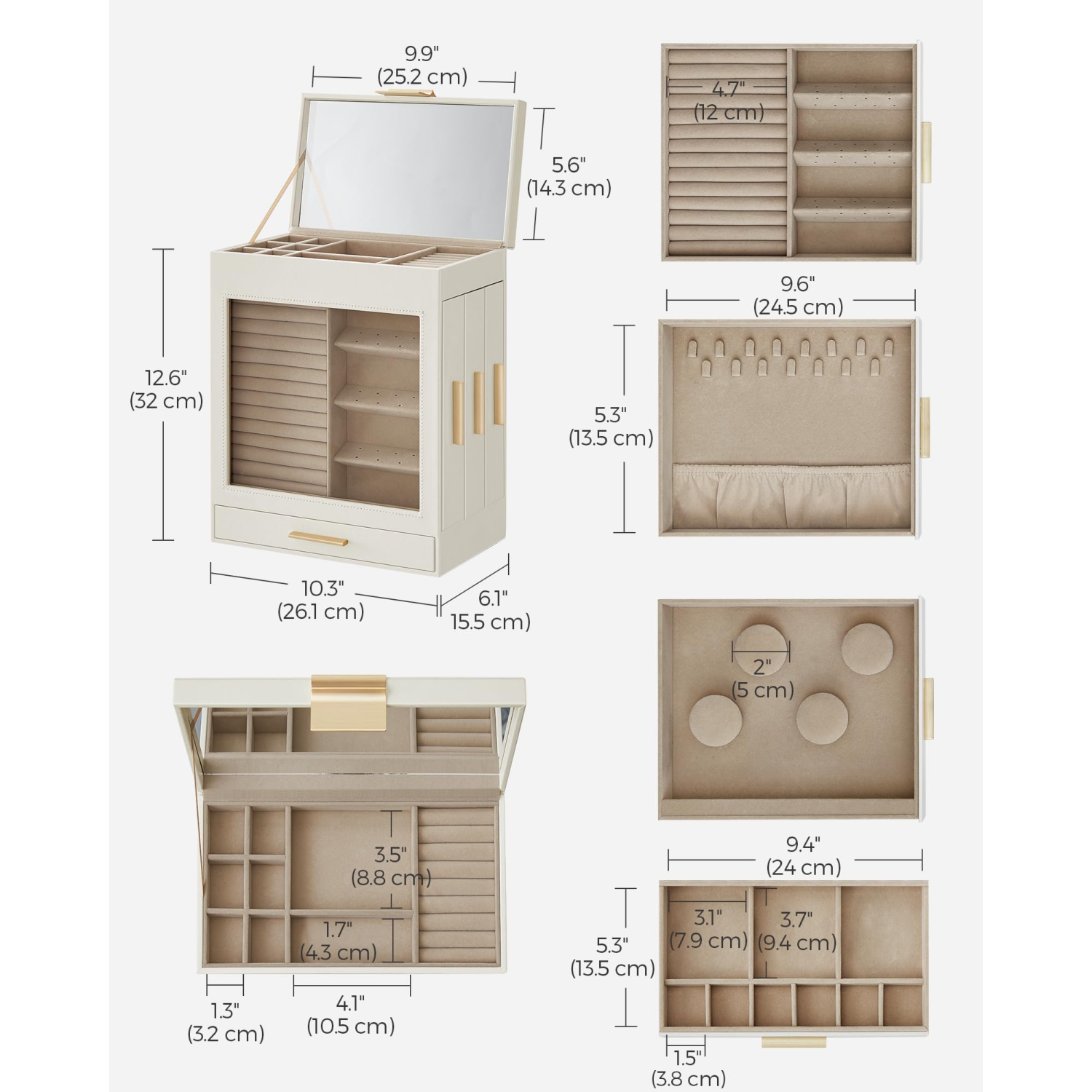 Coffret à bijoux SONGMICS, organisateur à bijoux à 5 couches, 6,1 x 10,3 x 12,6 po, blanc nuage et doré métallique UJBC162W01