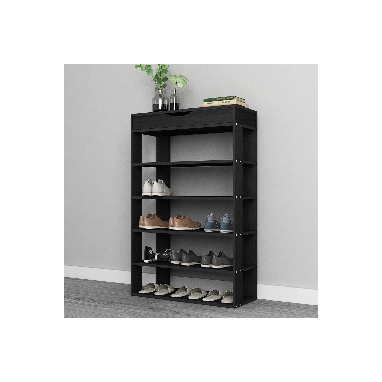 DlandHome Entryway – porte-chaussures à 5 niveaux avec rangement à chaussures en bois à dessus rabattable, noir L24