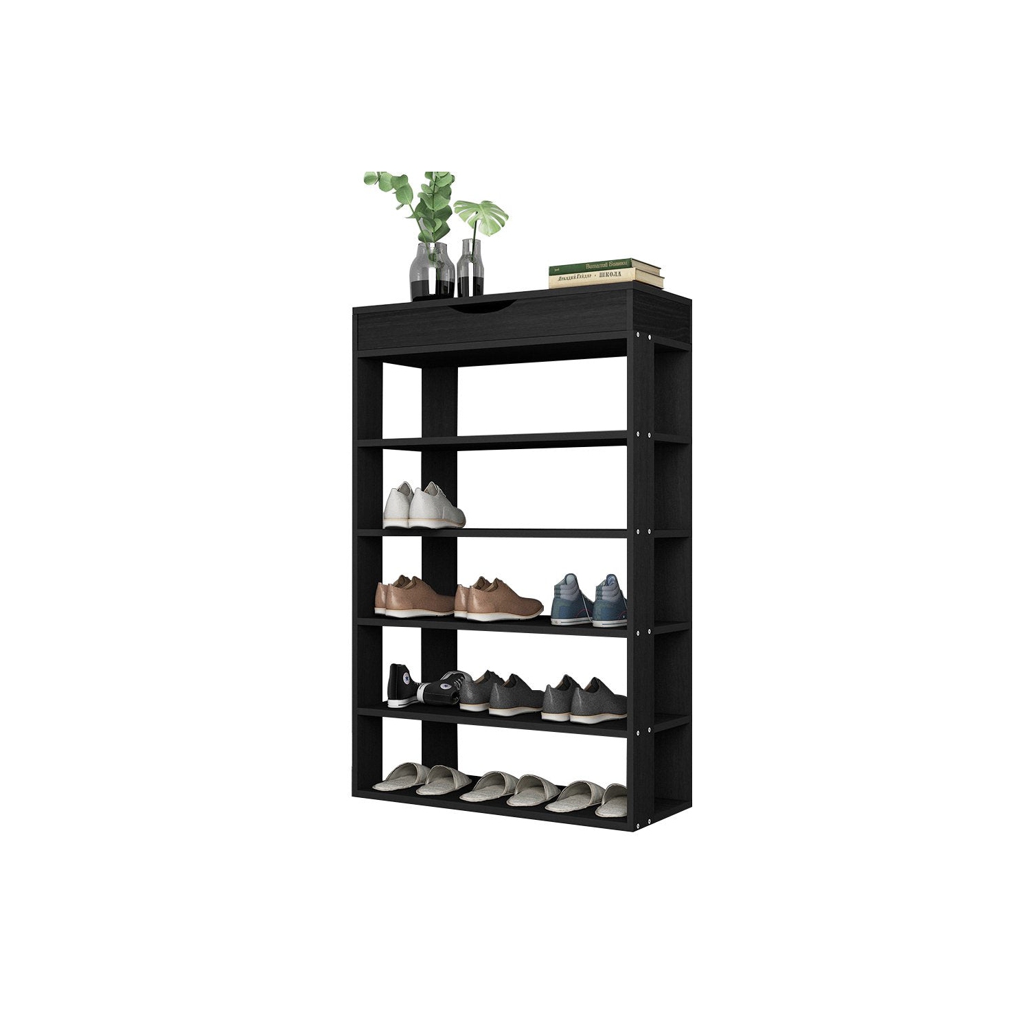 DlandHome Entryway – porte-chaussures à 5 niveaux avec rangement à chaussures en bois à dessus rabattable, noir L24