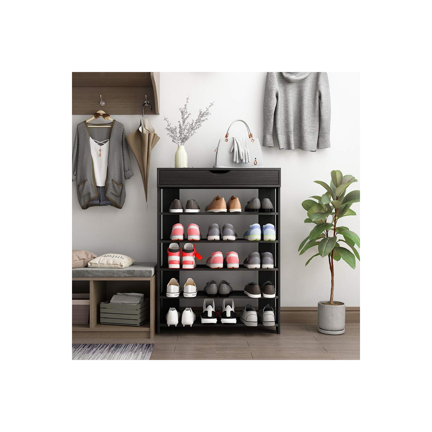 DlandHome Entryway – porte-chaussures à 5 niveaux avec rangement à chaussures en bois à dessus rabattable, noir L24