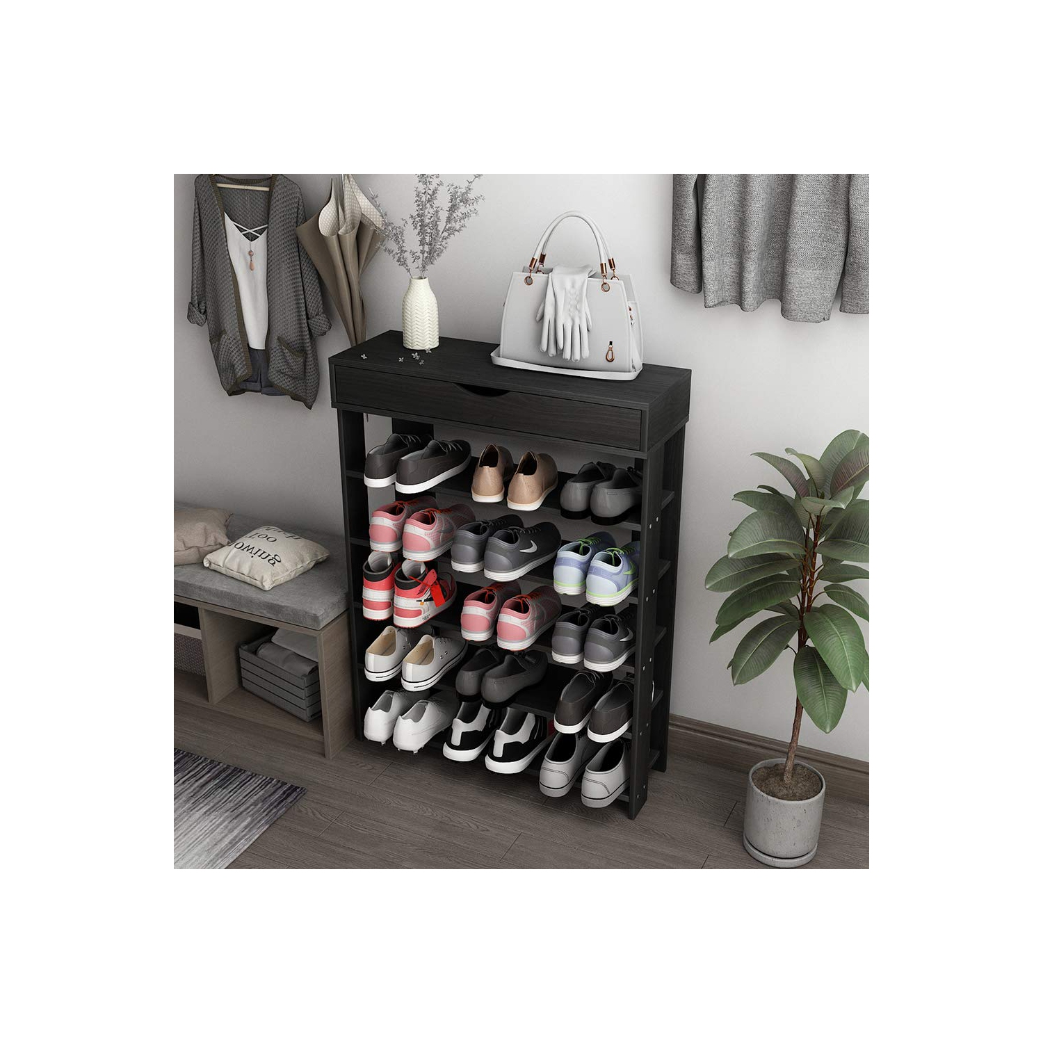 DlandHome Entryway – porte-chaussures à 5 niveaux avec rangement à chaussures en bois à dessus rabattable, noir L24