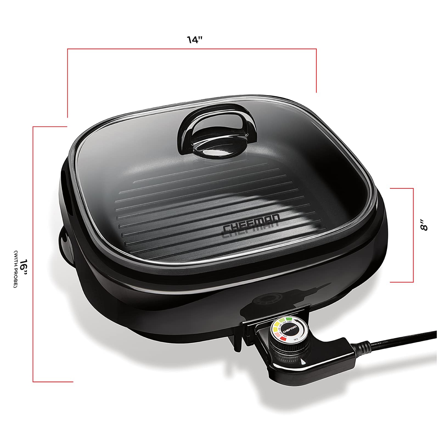 Chefman Electric Grill And Skillet, Ridged Surface, Braise, Steam, Sauté, Sear, Pan Fry, Adjustable Temperature, 4.2-..