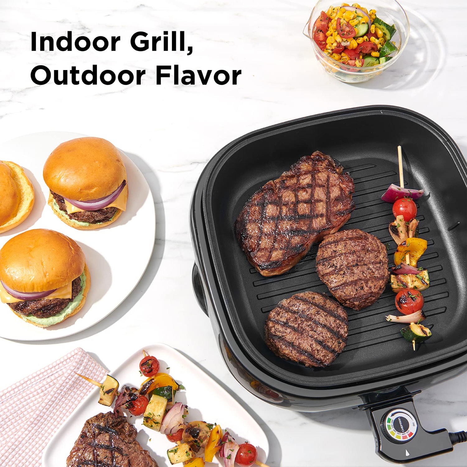 Chefman Electric Grill And Skillet, Ridged Surface, Braise, Steam, Sauté, Sear, Pan Fry, Adjustable Temperature, 4.2-..