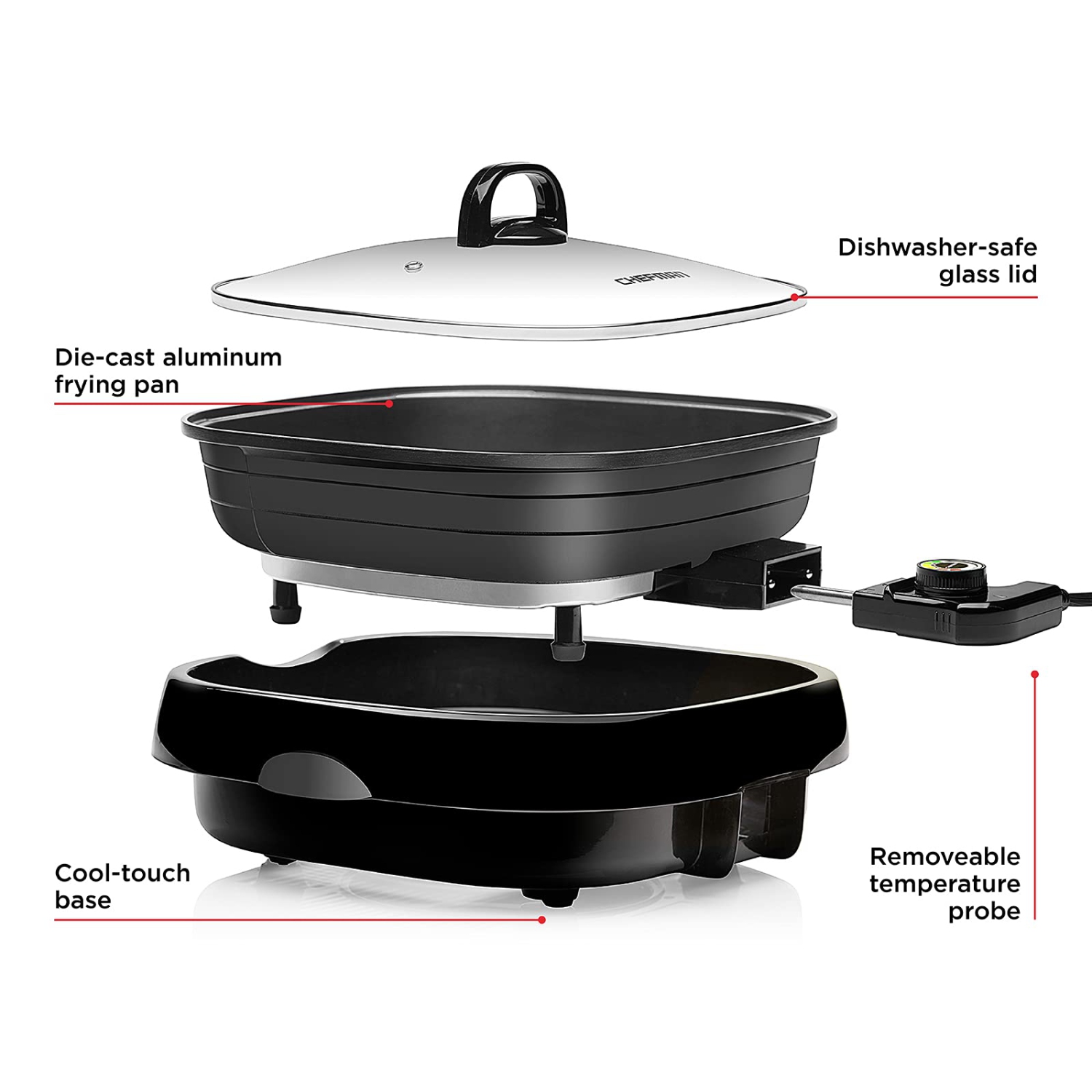 Chefman Electric Grill And Skillet, Ridged Surface, Braise, Steam, Sauté, Sear, Pan Fry, Adjustable Temperature, 4.2-..
