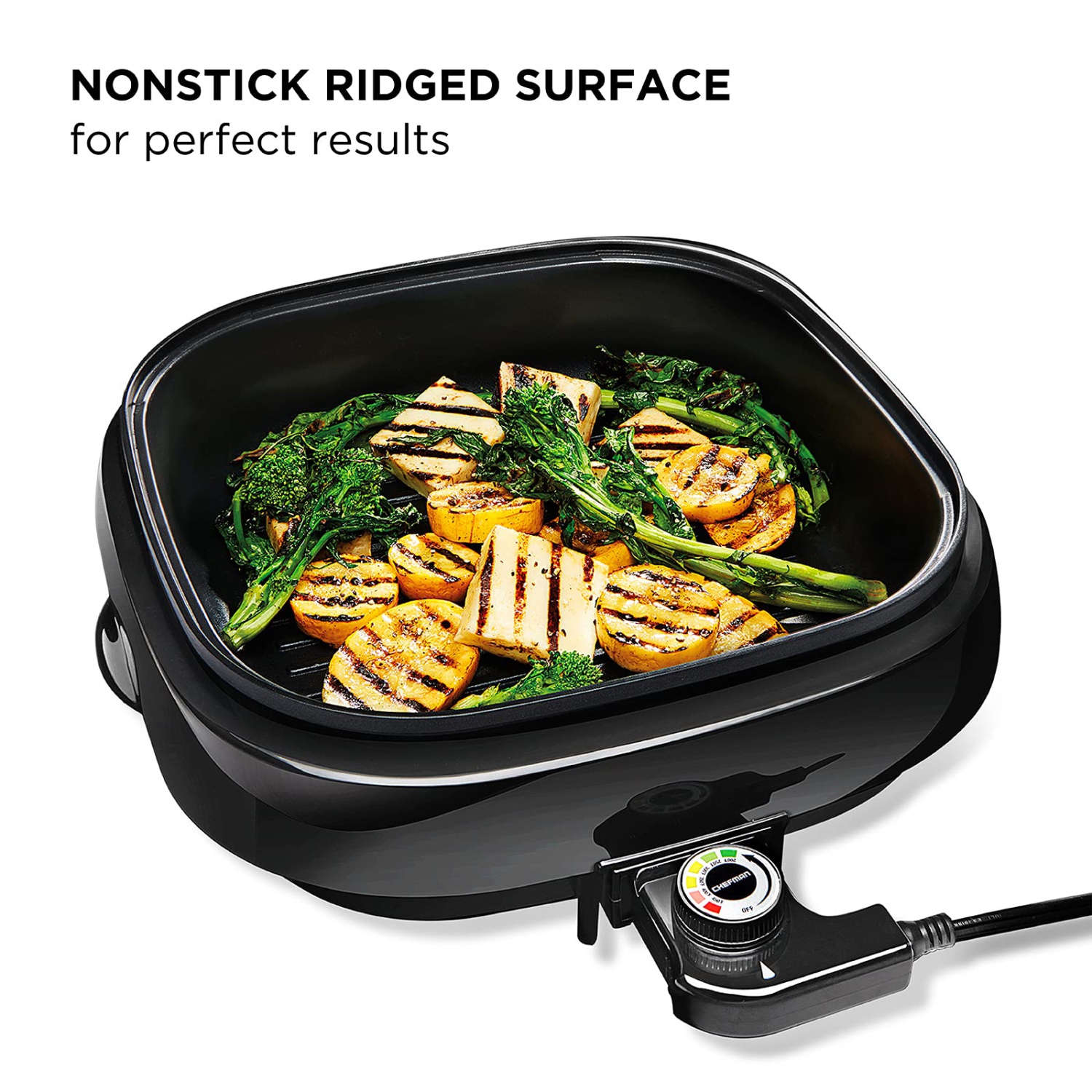 Chefman Electric Grill And Skillet, Ridged Surface, Braise, Steam, Sauté, Sear, Pan Fry, Adjustable Temperature, 4.2-..