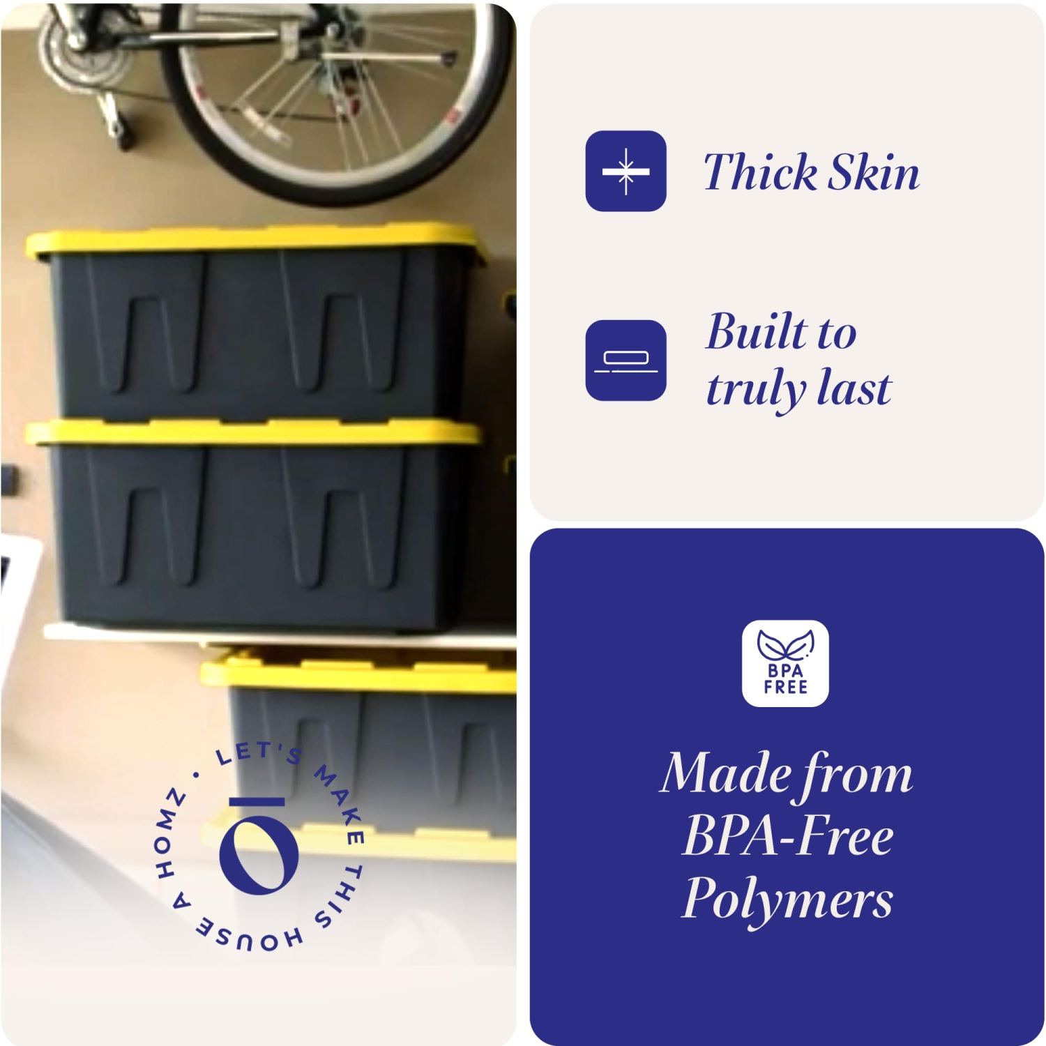 HOMZ Durabilt 27-Gallon Storage Tote with Flip Lid, Heavy Duty Storage Bin with Snap-on Lid, Black and Yellow, 2 Pack