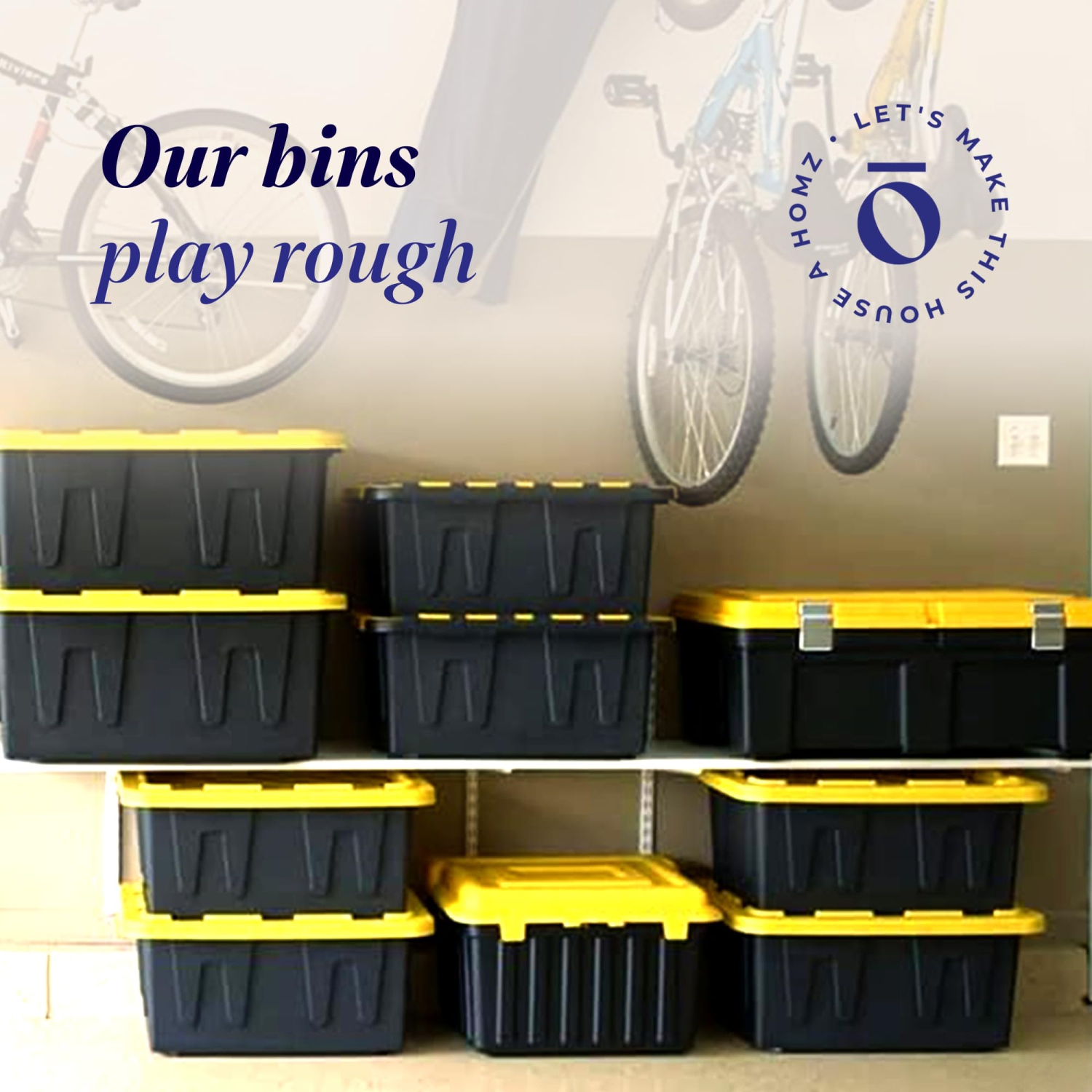 HOMZ Durabilt 27-Gallon Storage Tote with Flip Lid, Heavy Duty Storage Bin with Snap-on Lid, Black and Yellow, 2 Pack