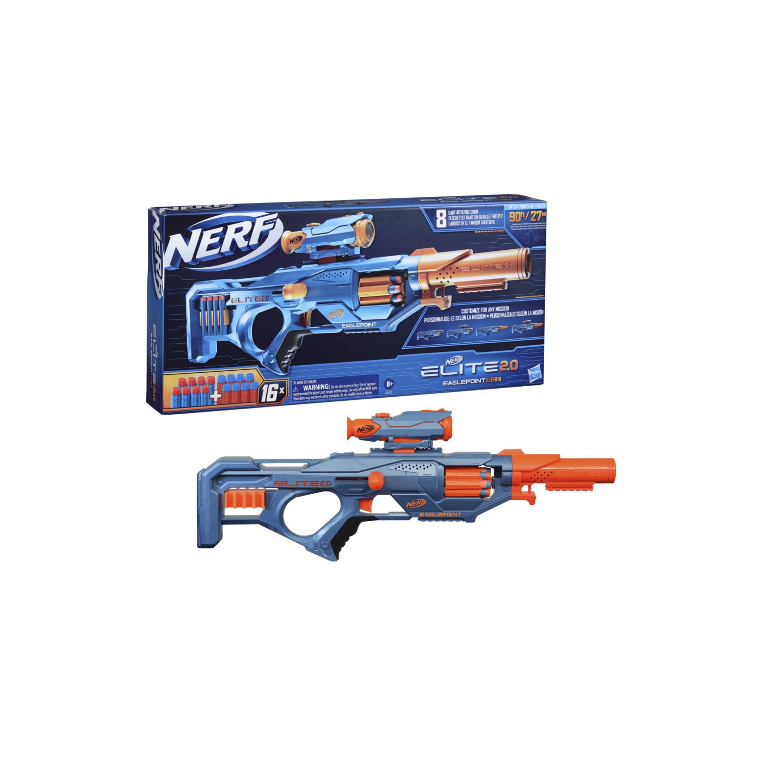 NERF Elite 2.0 Eaglepoint RD-8 Blaster - 8-Dart Drum, Detachable Scope and Barrel, 16 Official Elite Darts, Bolt Action