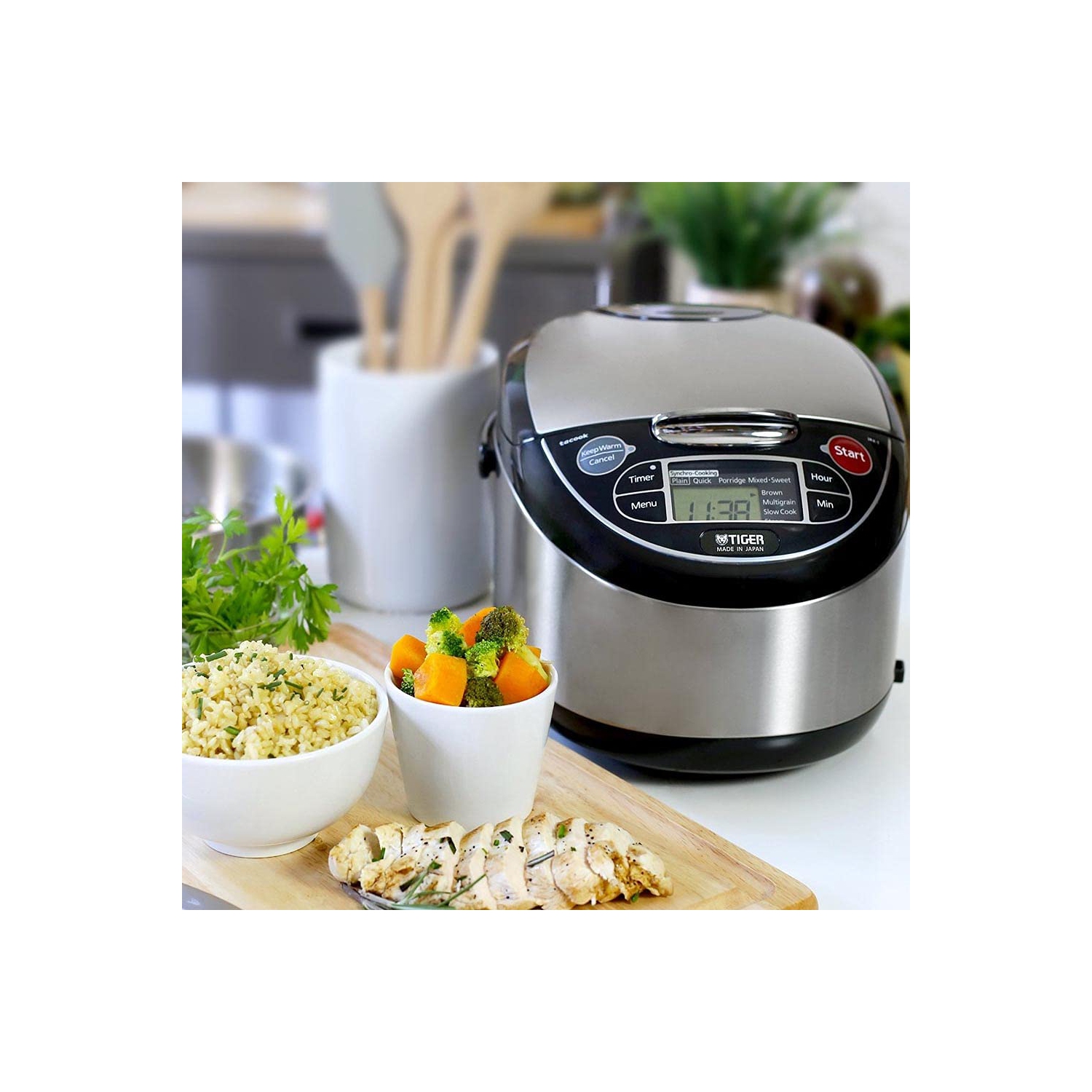 Tiger Corporation JAX-T10U 5.5-Cup Micom Rice Cooker and Warmer with Tacook Plate, Stainless Steel Black