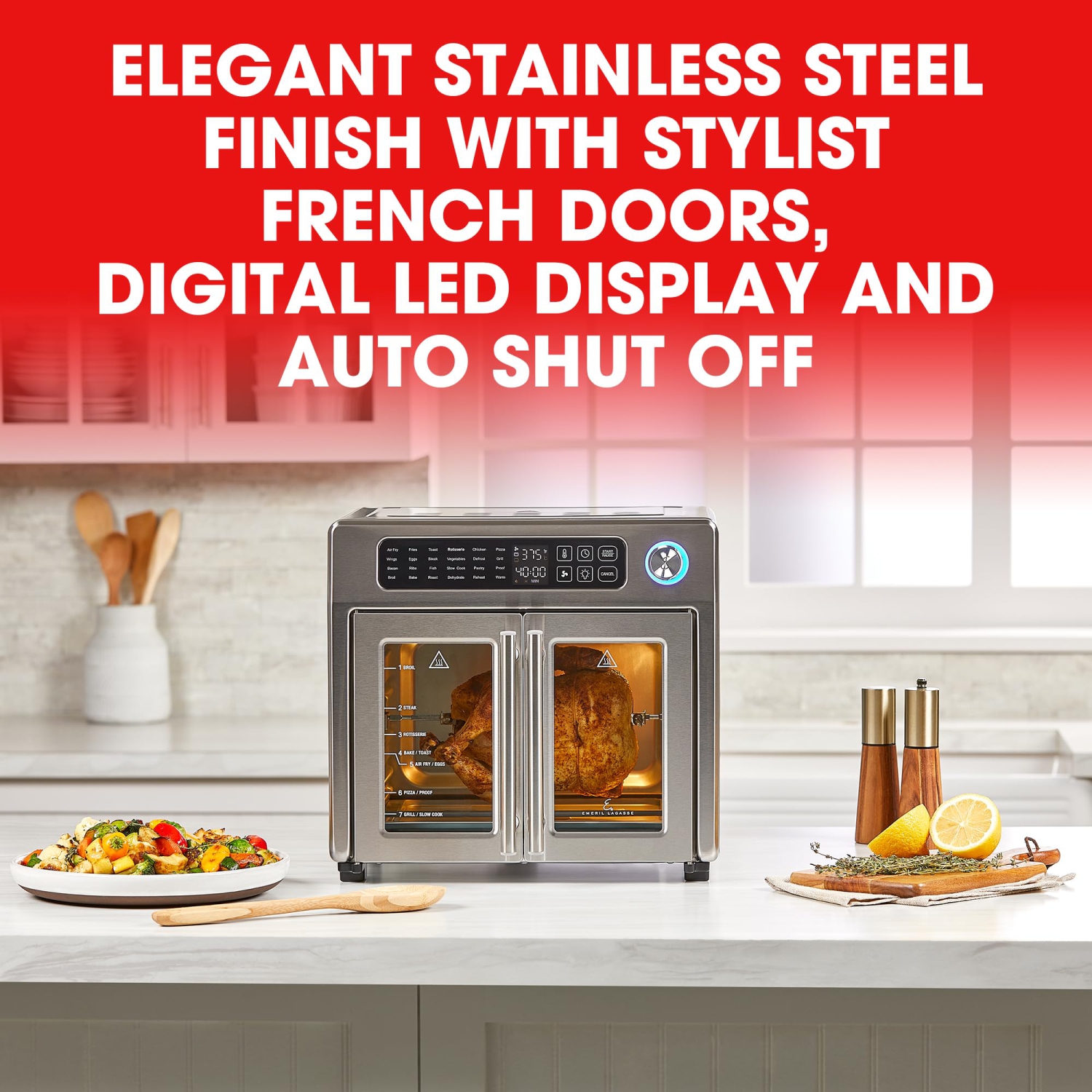 Emeril Lagasse 26 QT Extra Large Air Fryer, Convection Toaster Oven with French Doors, Stainless Steel