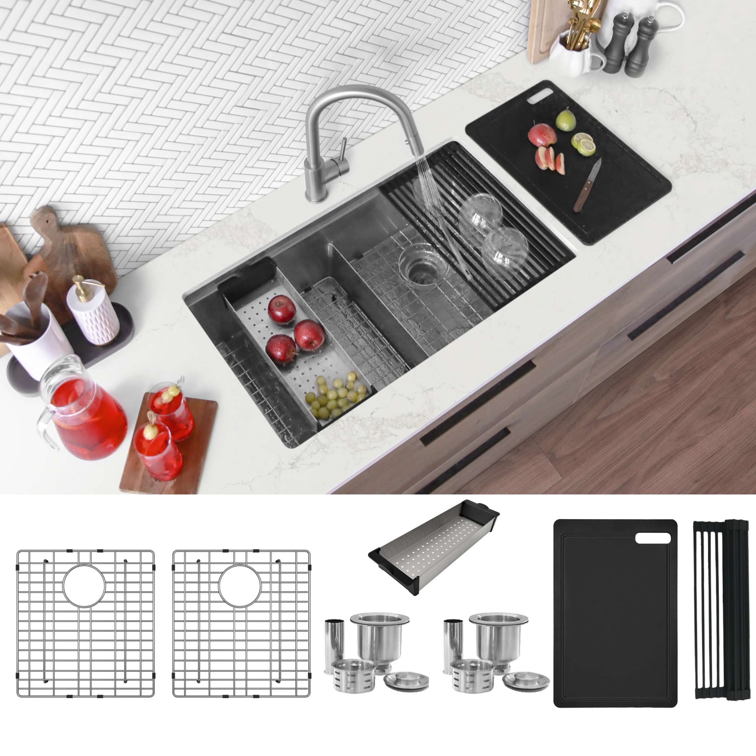 Élégant évier de cuisine sous comptoir à deux bols de 32&nbsp;po en acier inoxydable de calibre 16 Accessoires intégrés S-601WK