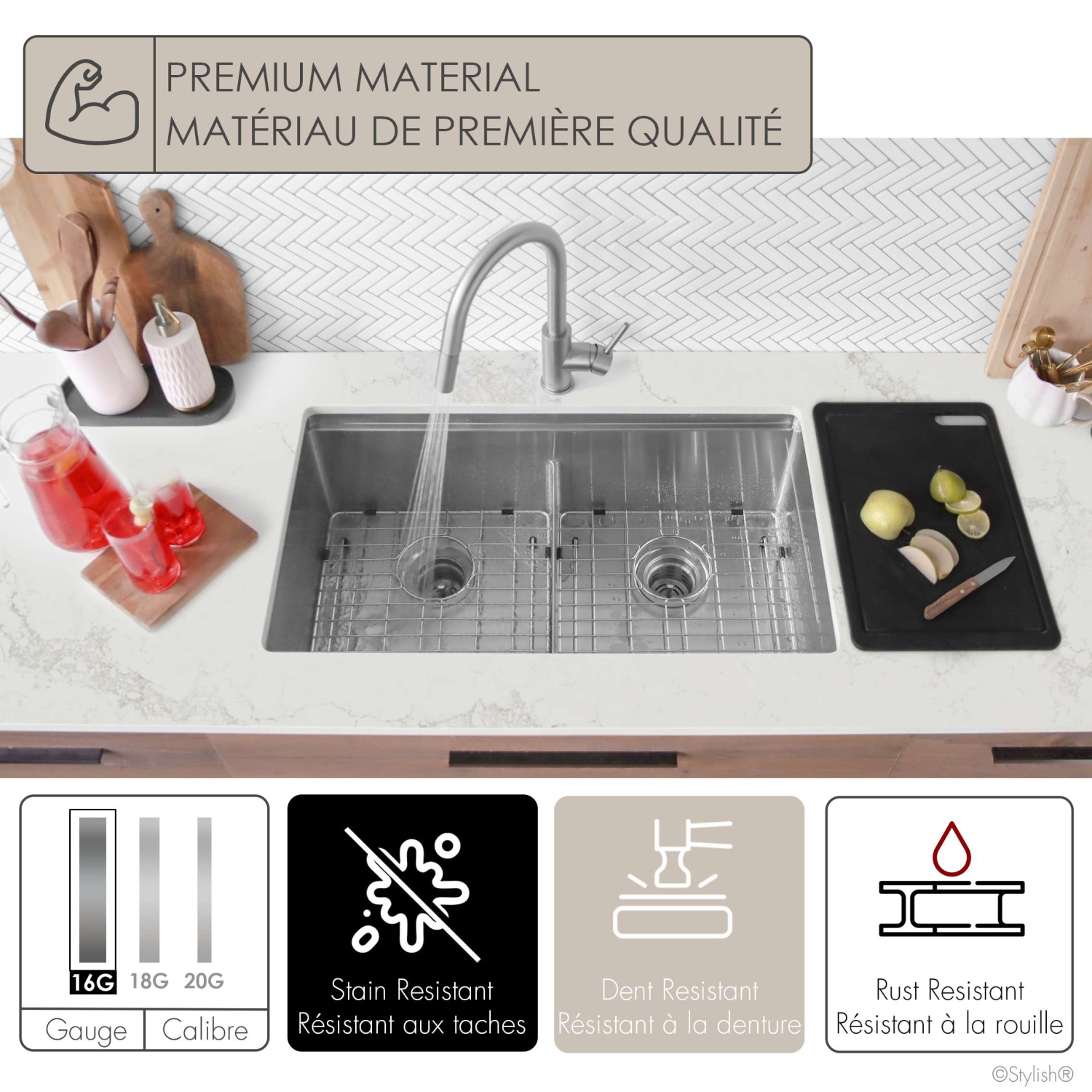 Élégant évier de cuisine sous comptoir à deux bols de 32&nbsp;po en acier inoxydable de calibre 16 Accessoires intégrés S-601WK